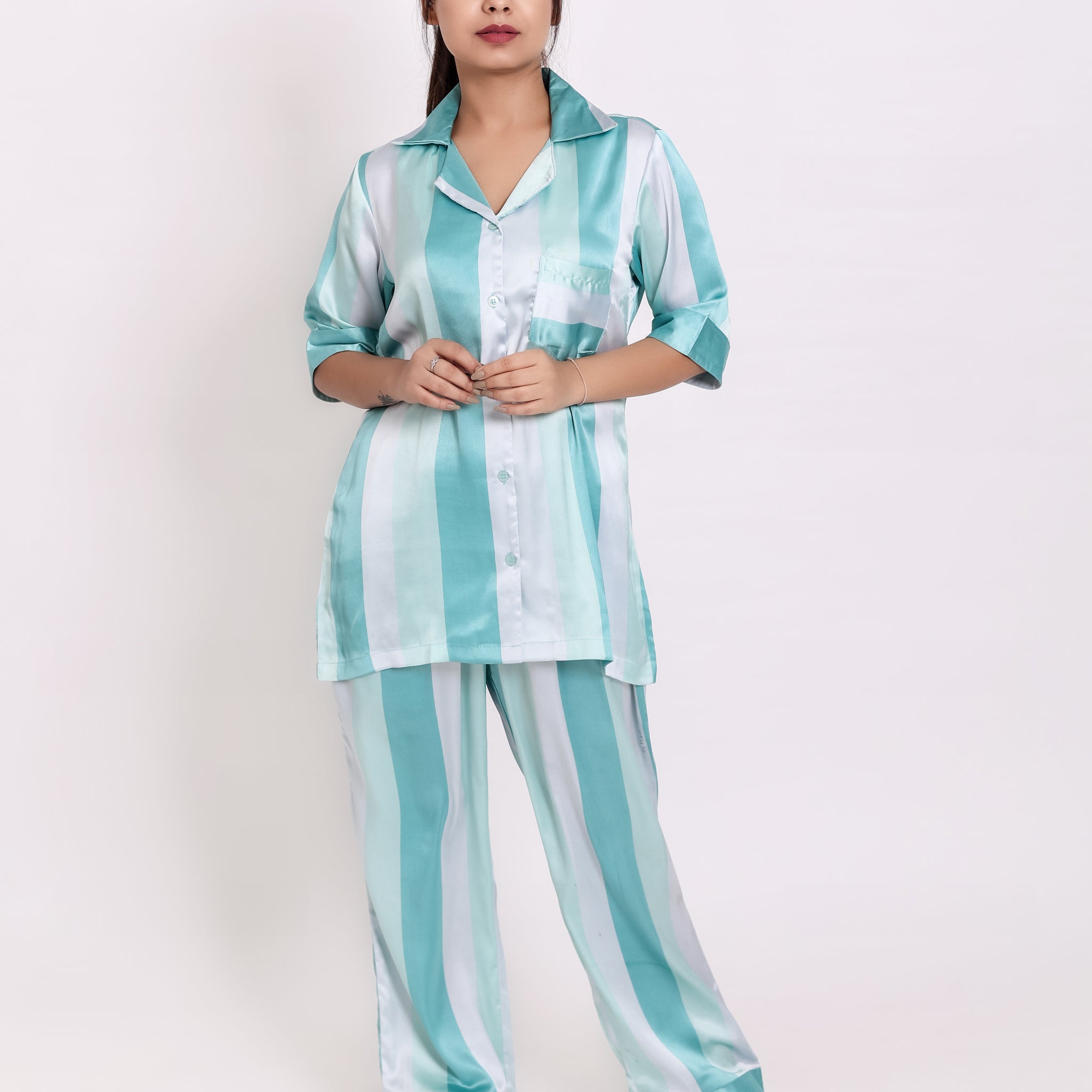Bangal Blue Satin Night Suit