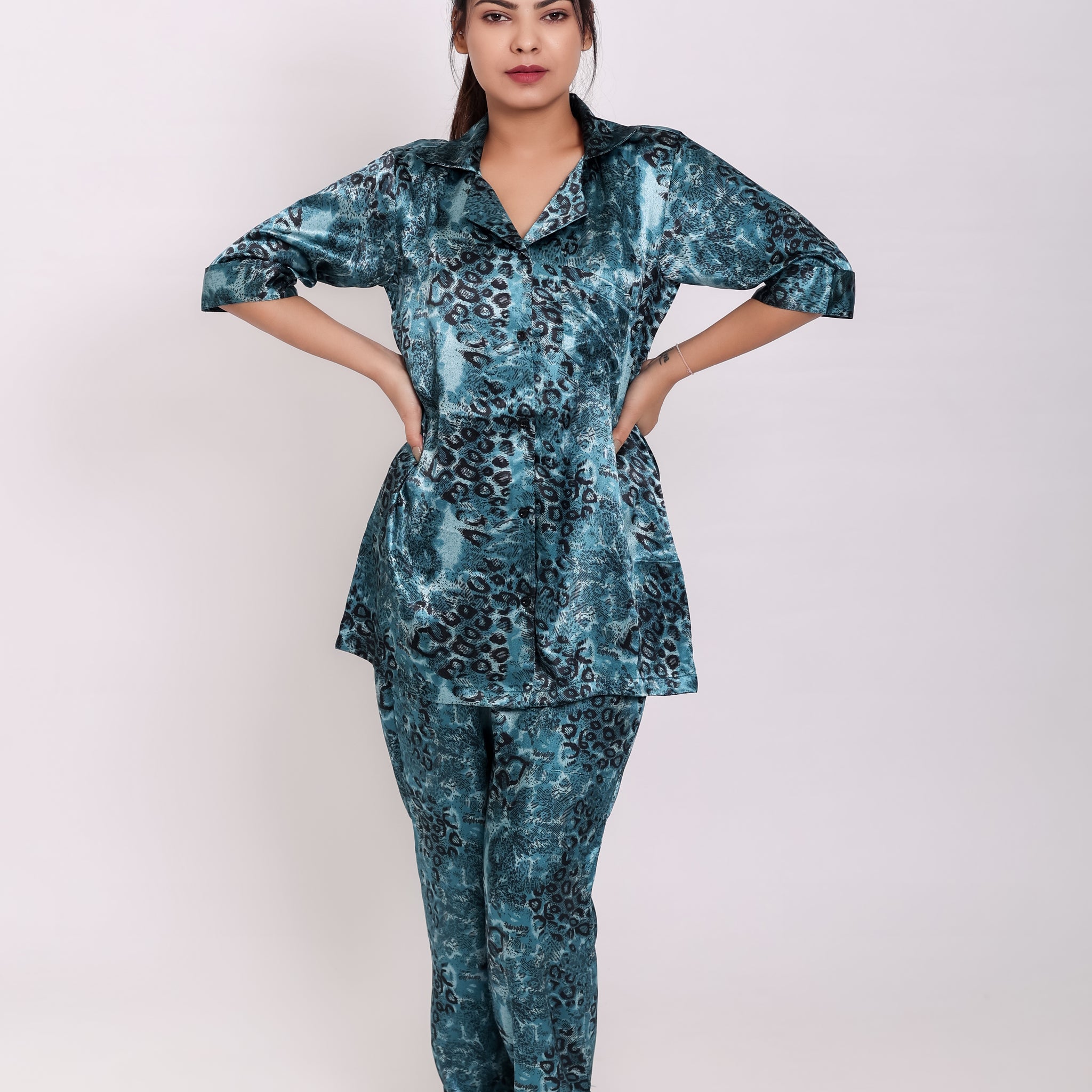 Space Green Satin Night Suit