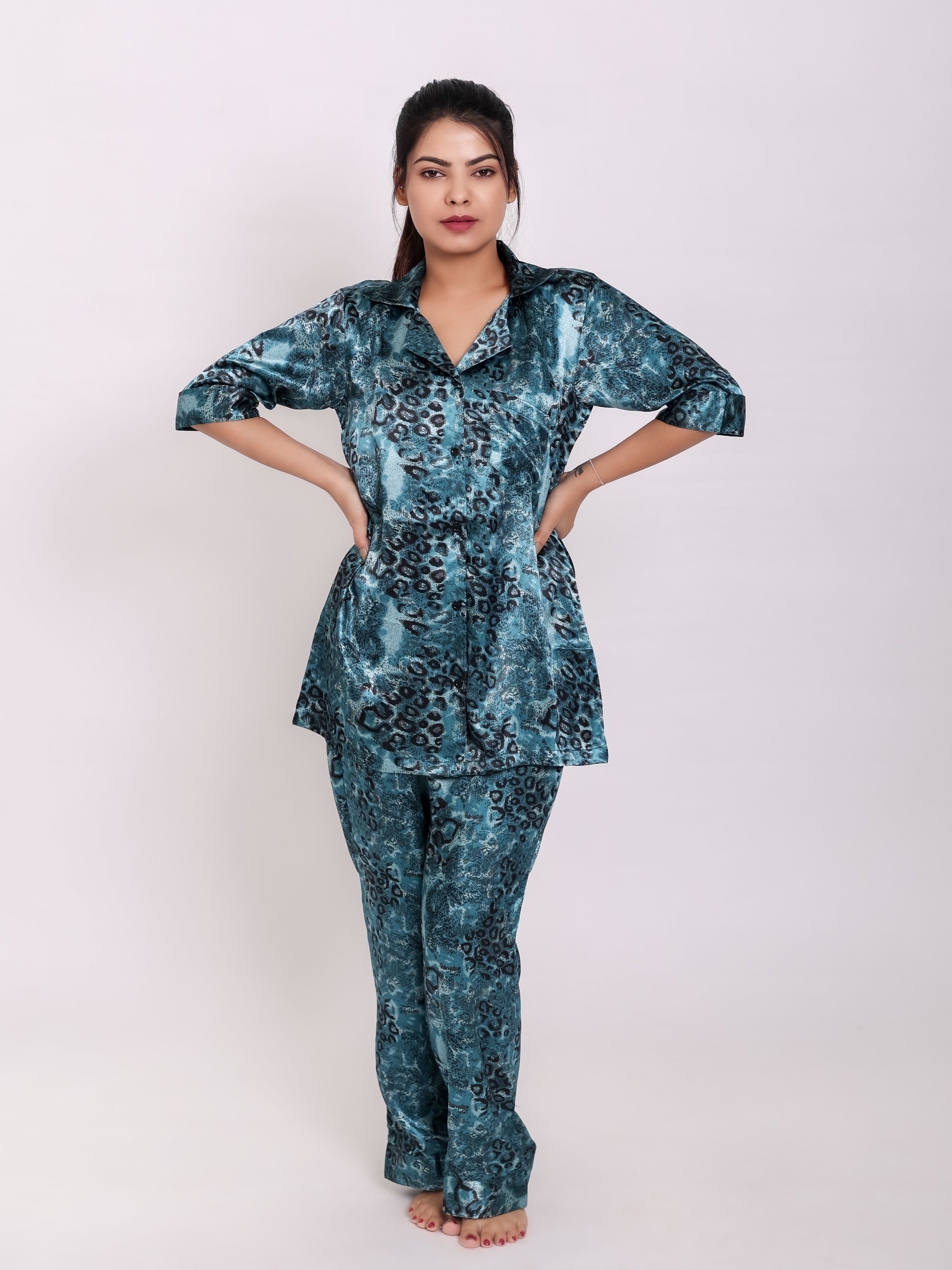 Space Green Satin Night Suit