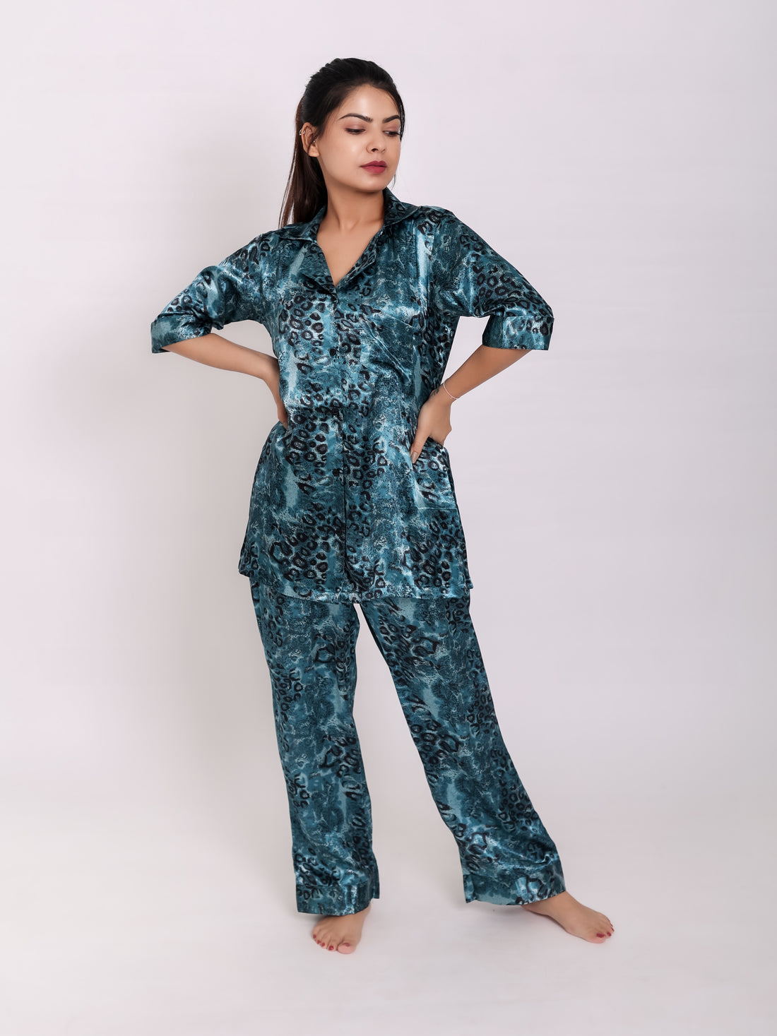 Space Green Satin Night Suit