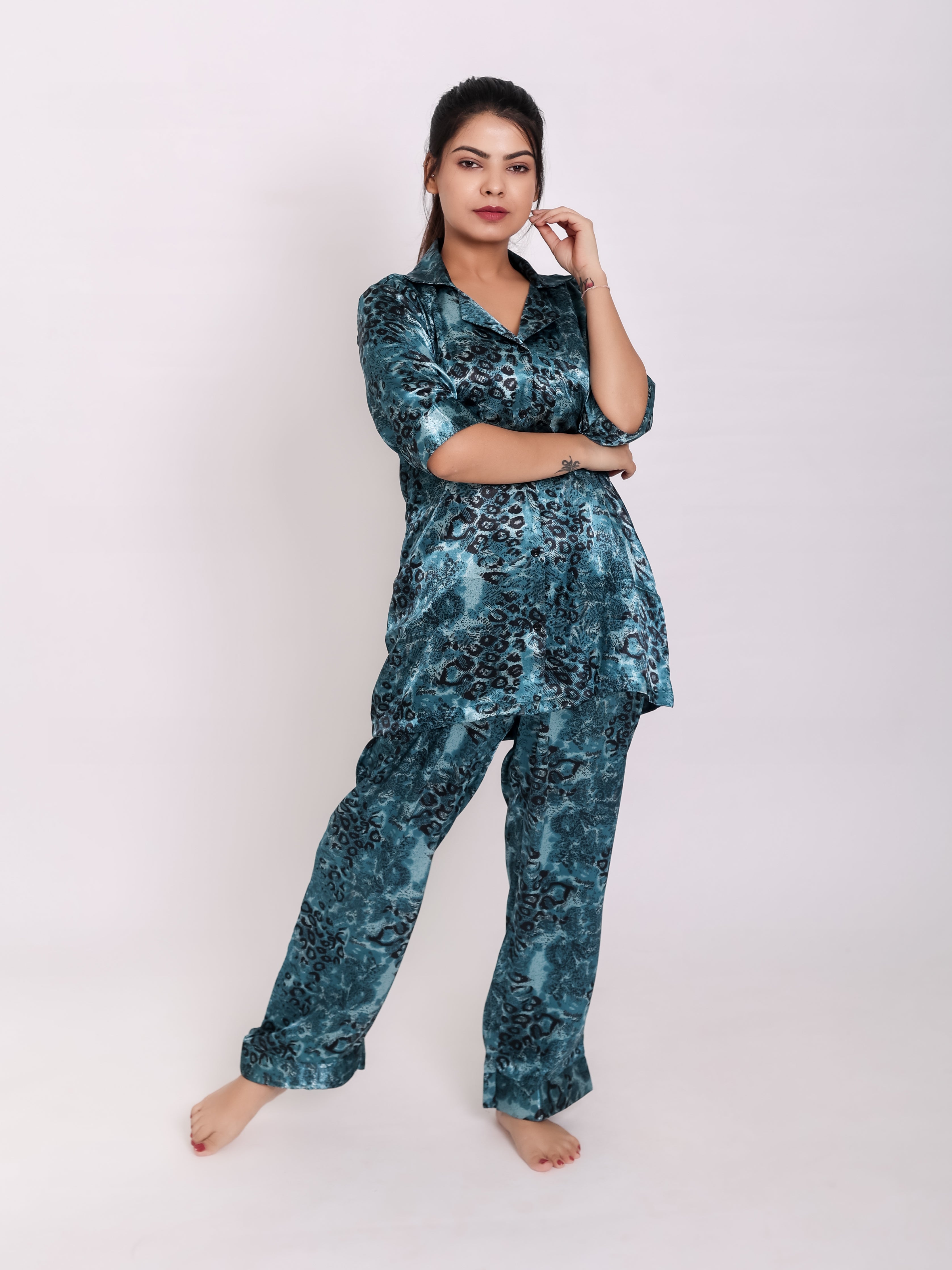 Space Green Satin Night Suit