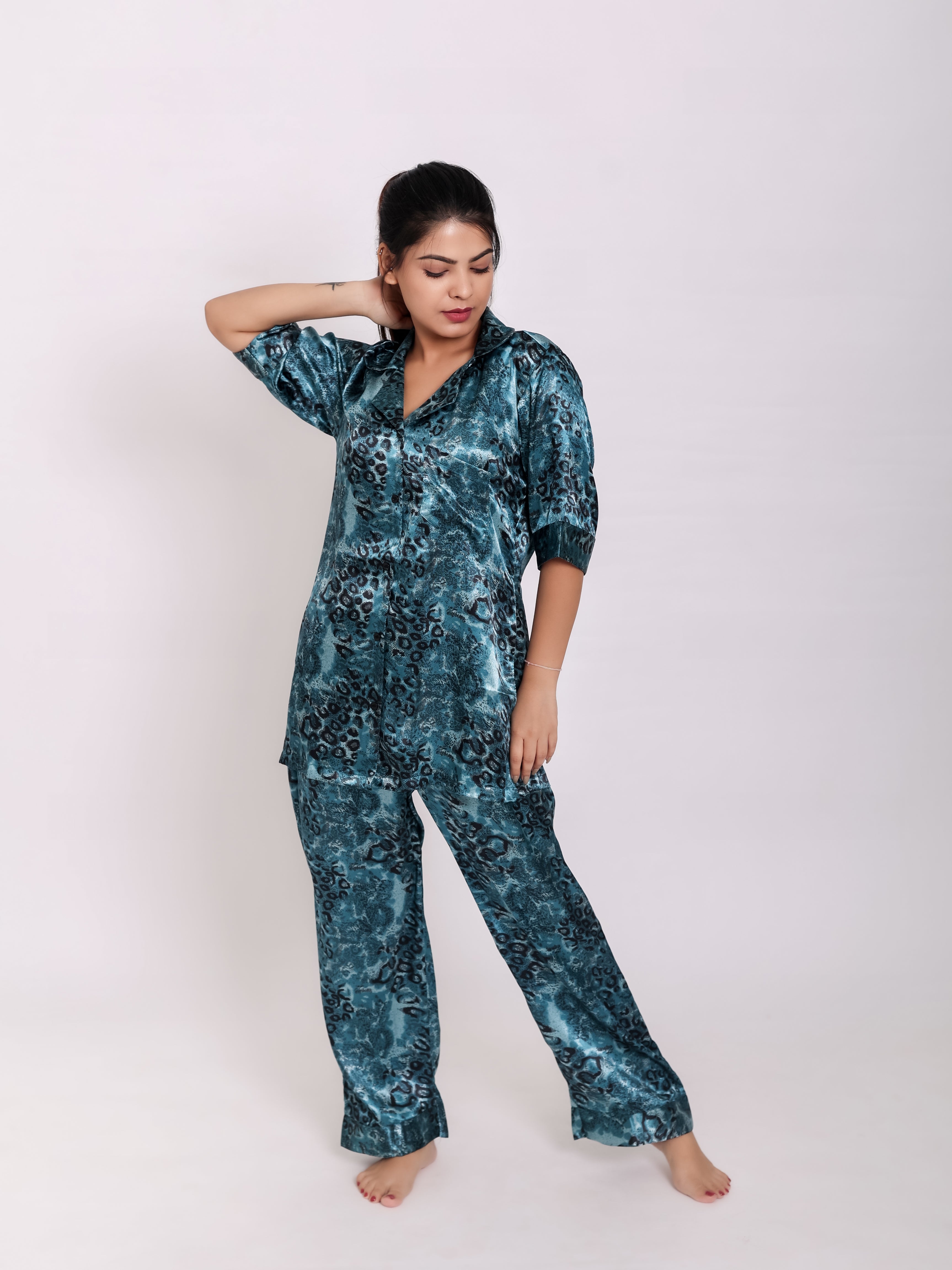 Space Green Satin Night Suit
