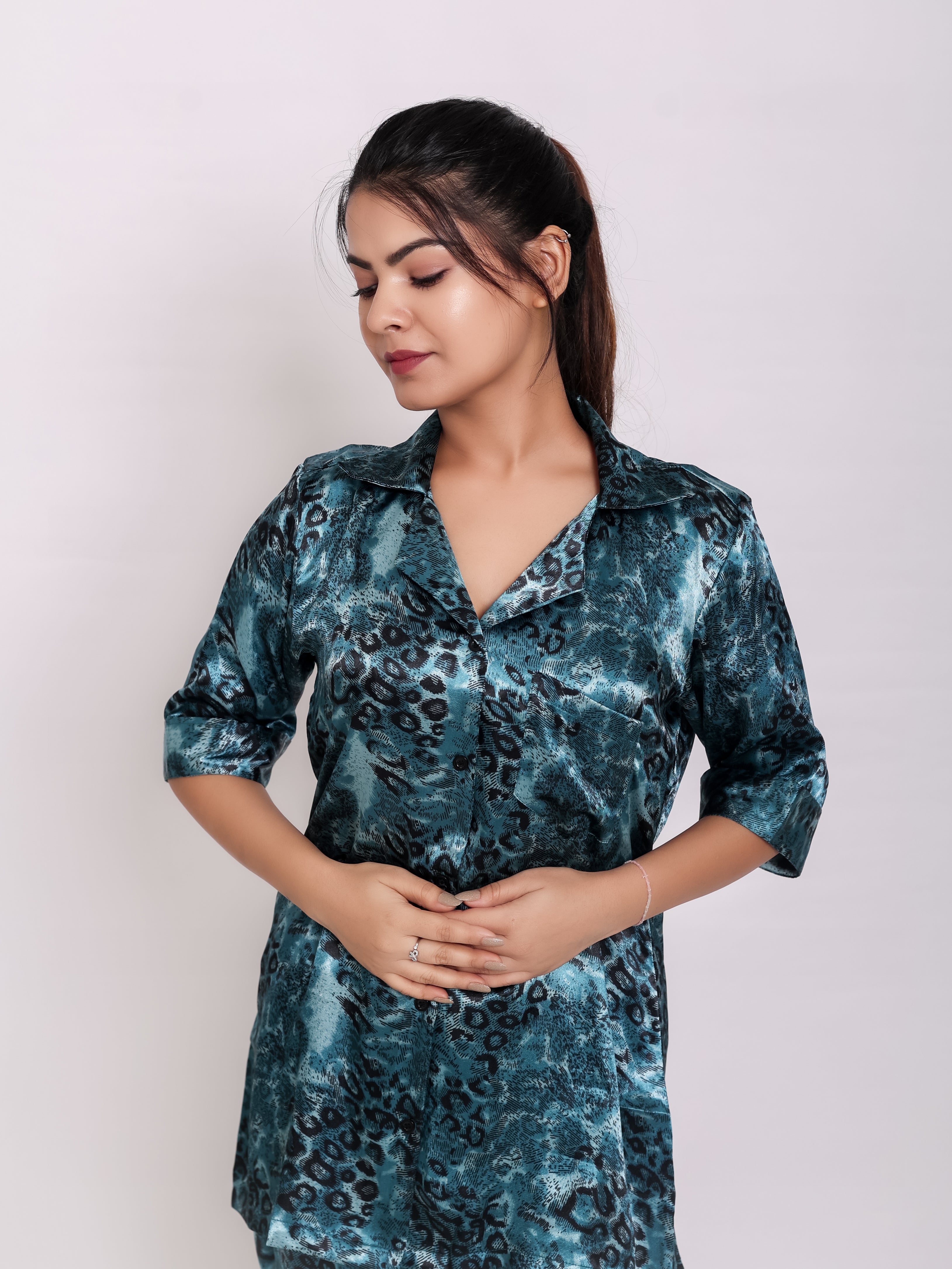 Space Green Satin Night Suit