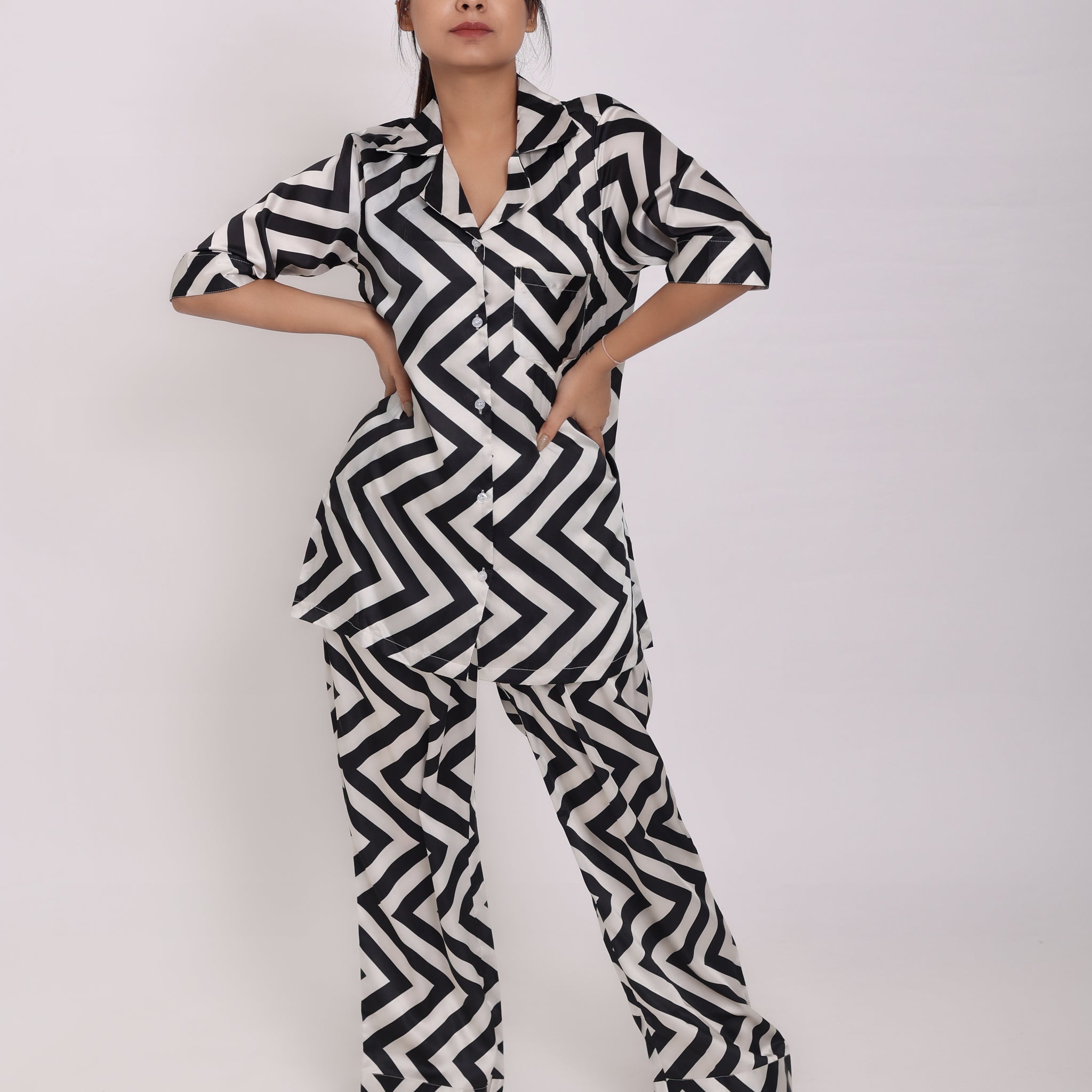 Black And White Wide Chevron Satin Night Suit