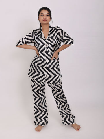 Black And White Wide Chevron Satin Night Suit