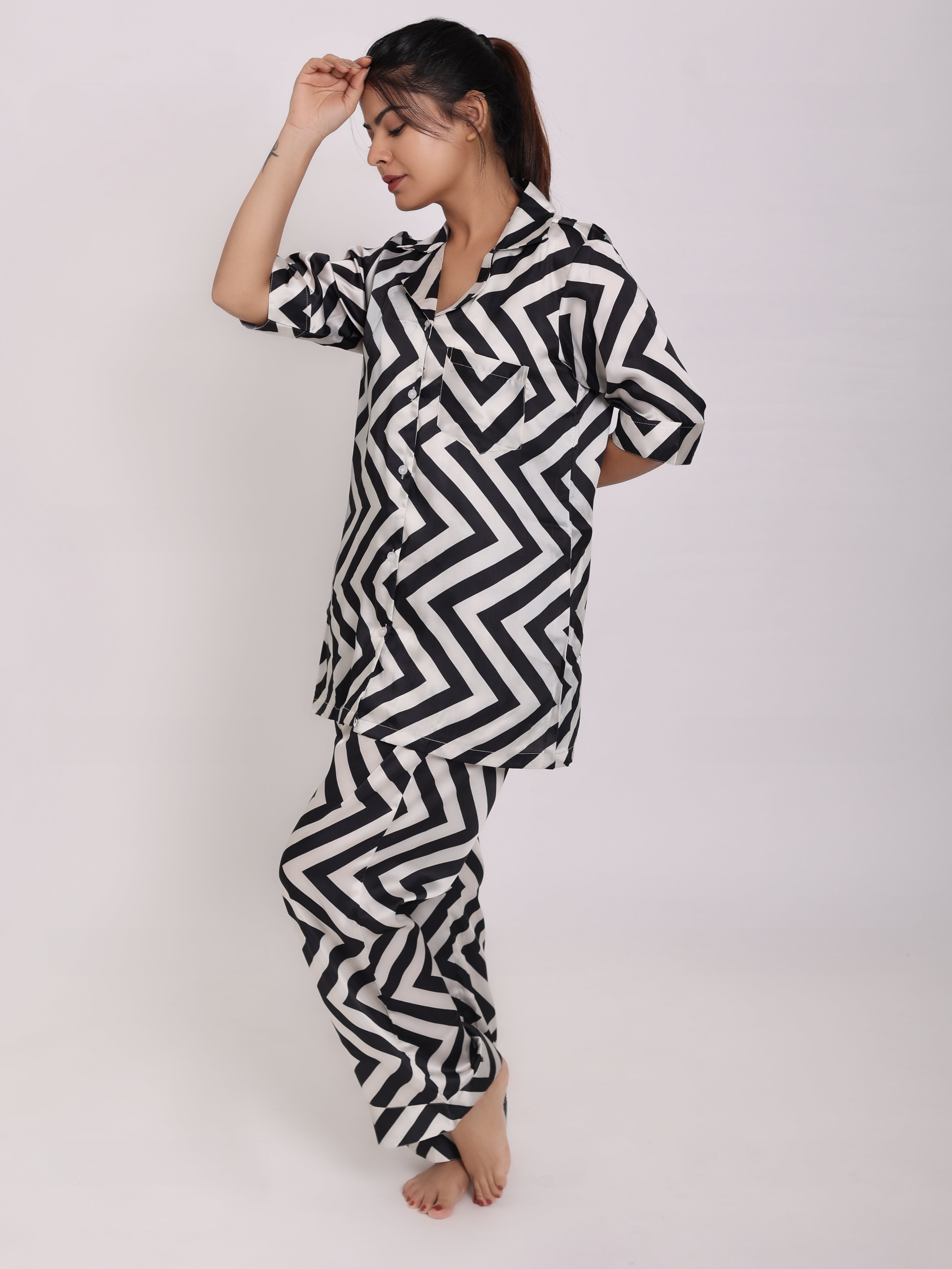 Black And White Wide Chevron Satin Night Suit