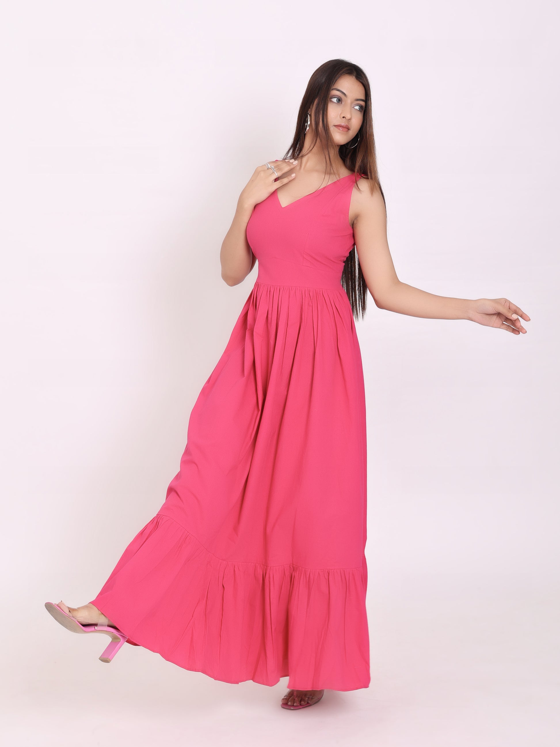 Hot Pink Flare Long Maxi Dress - Main Image