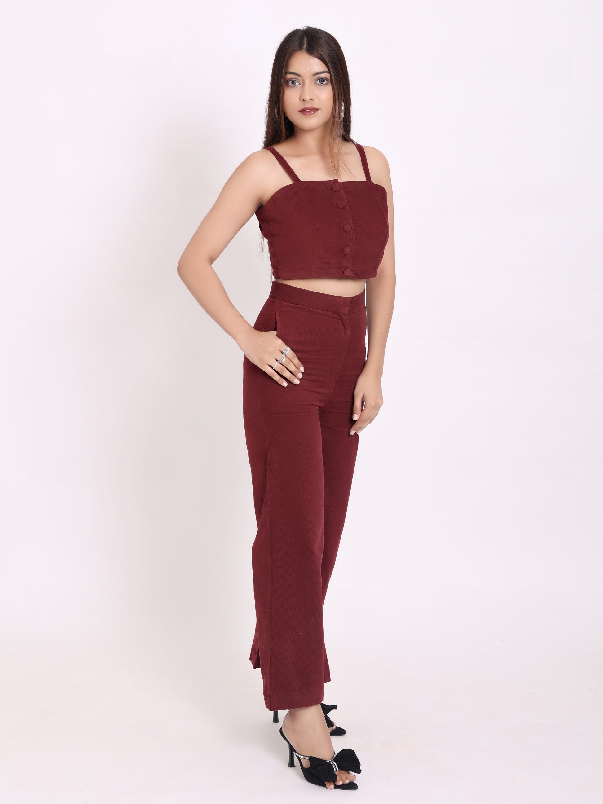 Co-Ord Set Maroon Crop Top and Wide Leg Pants