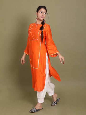Vibrant Orange Pure Chanderi Kurta Set