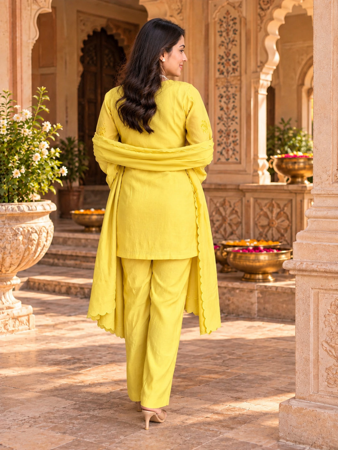 Yellow Scallop Embroidery Kurta Set