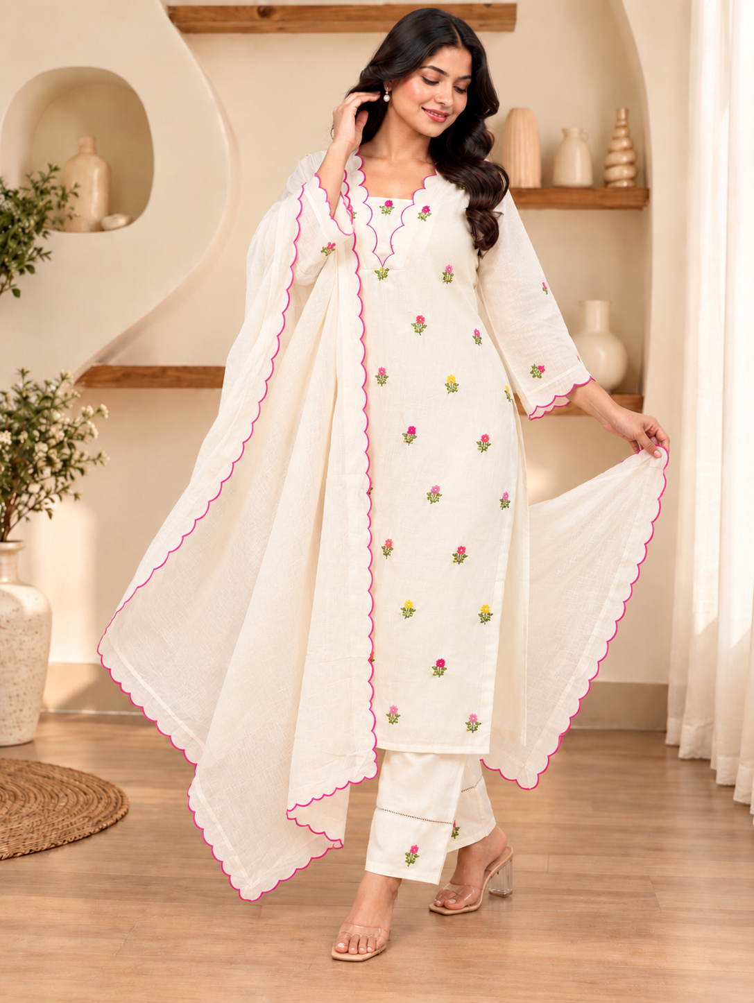 Ivory Floral Scallop Kurta Set