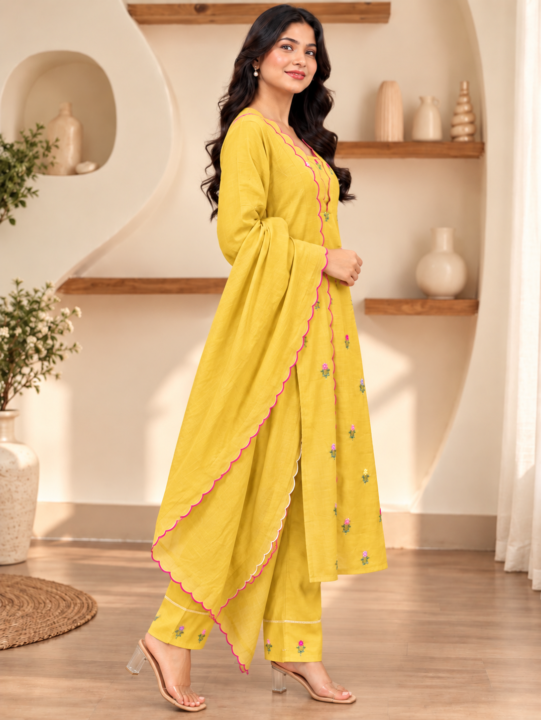 Mustard Floral Elegance Kurta Set