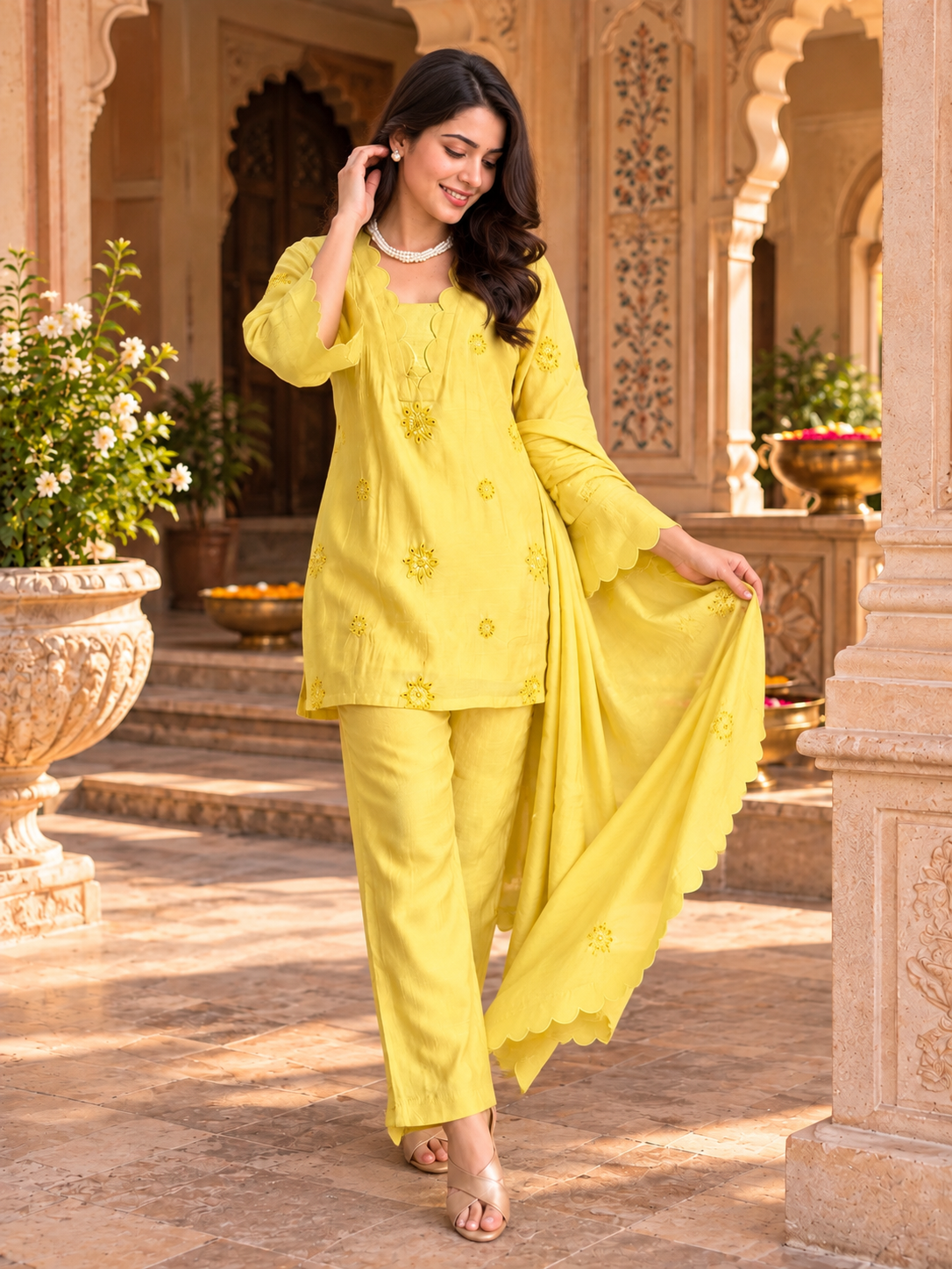 Yellow Scallop Embroidery Kurta Set