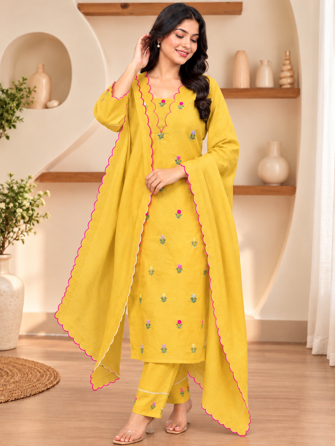 Mustard Floral Elegance Kurta Set