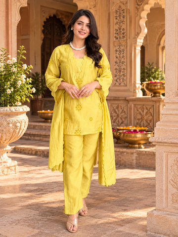 Yellow Scallop Embroidery Kurta Set