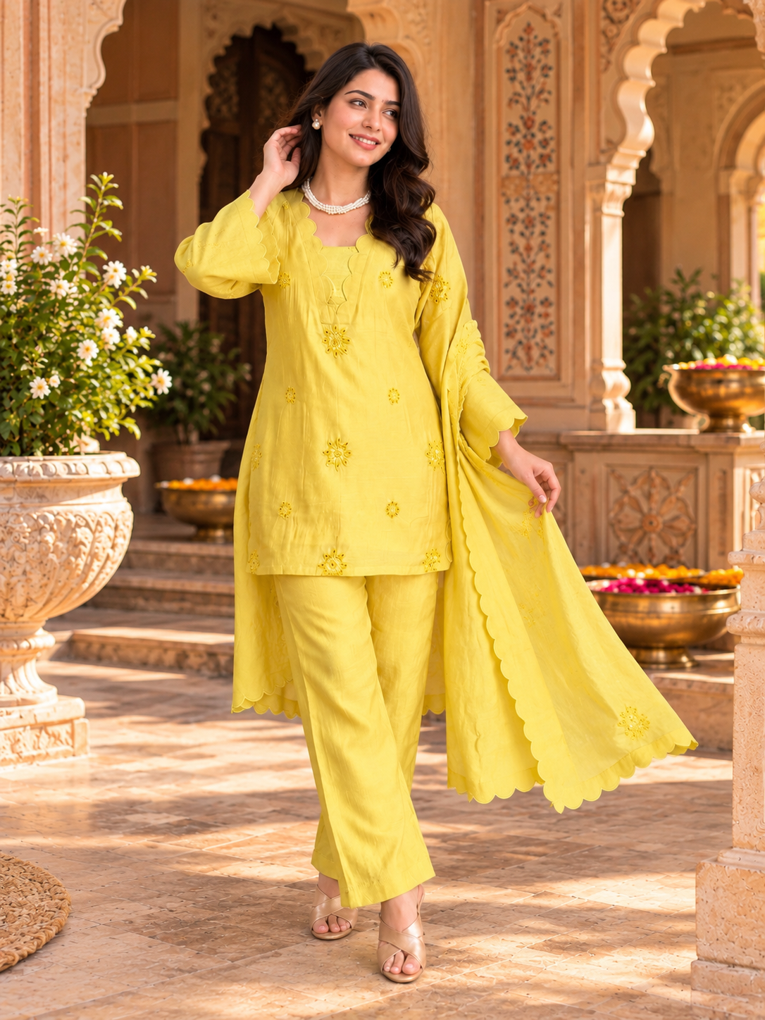 Yellow Scallop Embroidery Kurta Set
