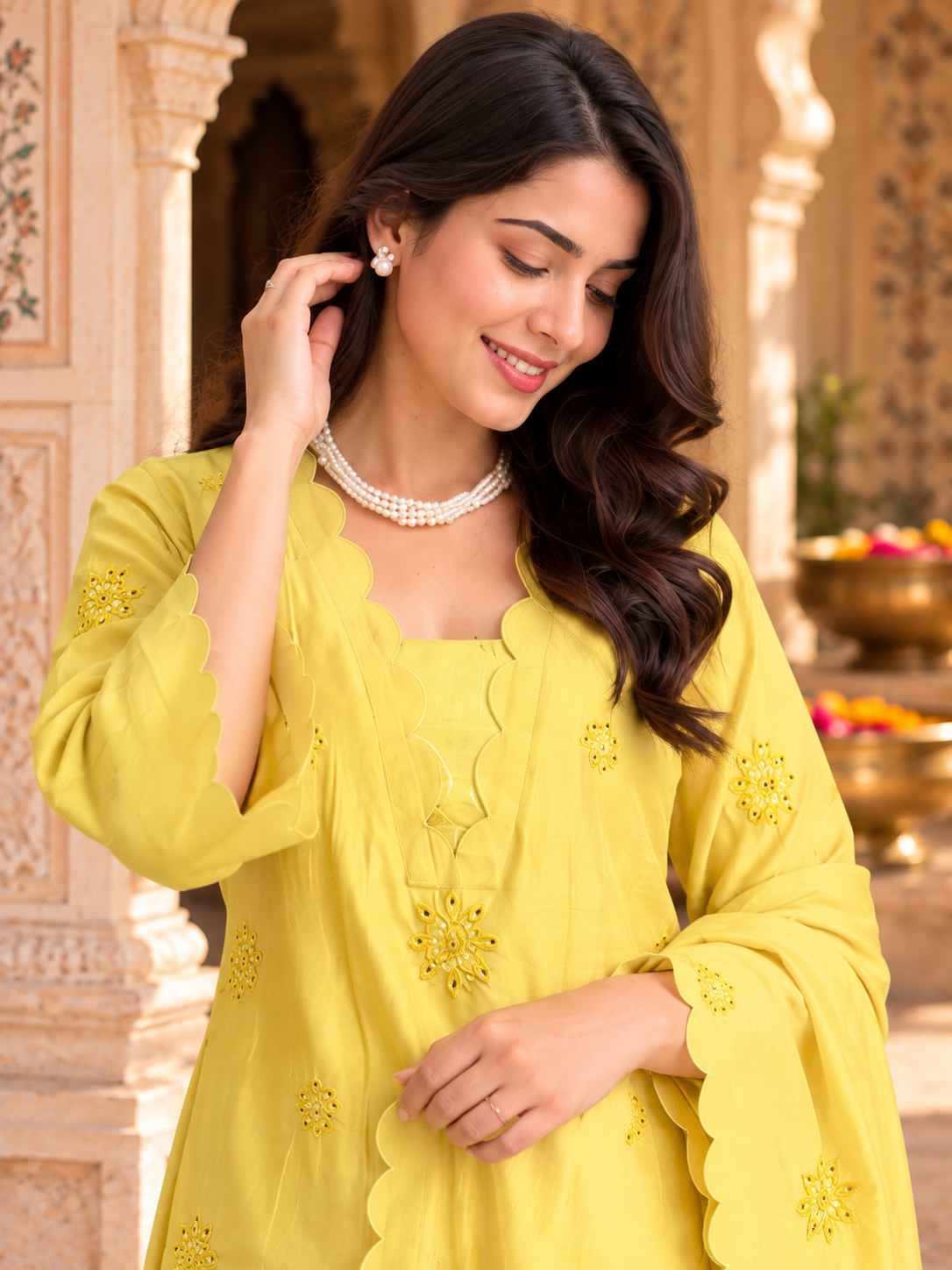 Yellow Scallop Embroidery Kurta Set