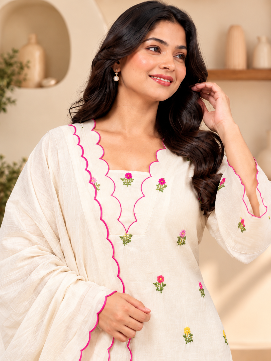Ivory Floral Scallop Kurta Set