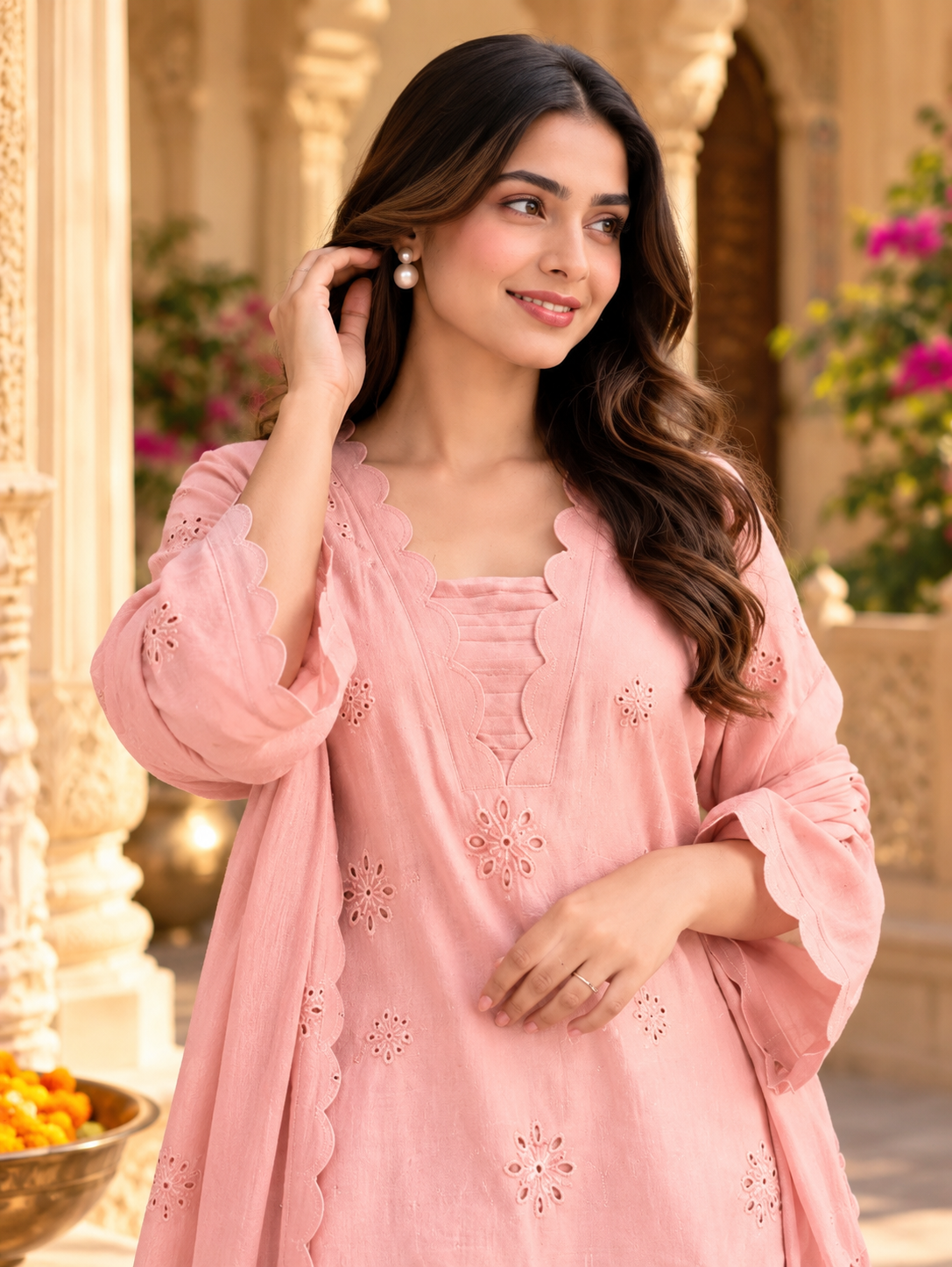 Blush Pink Scallop Kurta Set