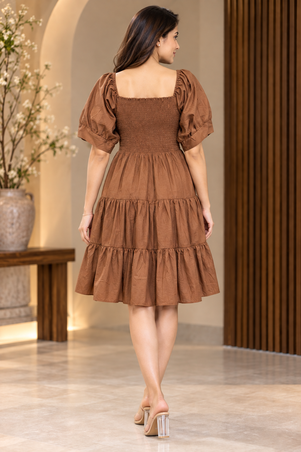 Brown Flared Cotton  Dress