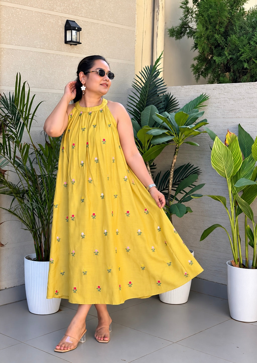 Yellow Floral Halter Maxi Dress