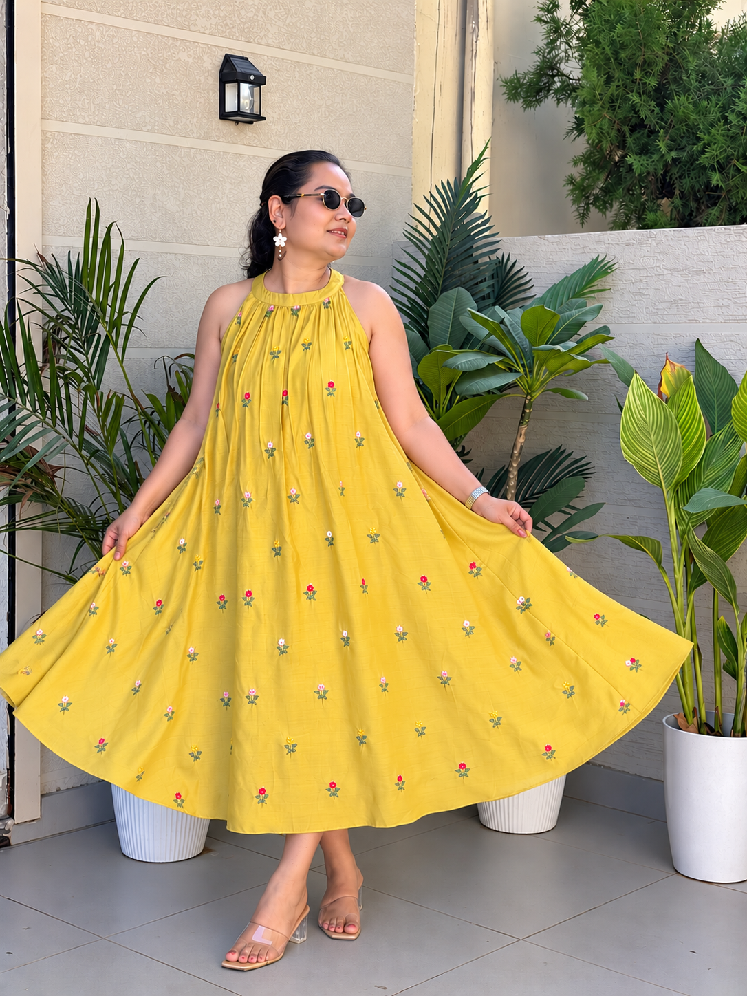 Yellow Floral Halter Maxi Dress