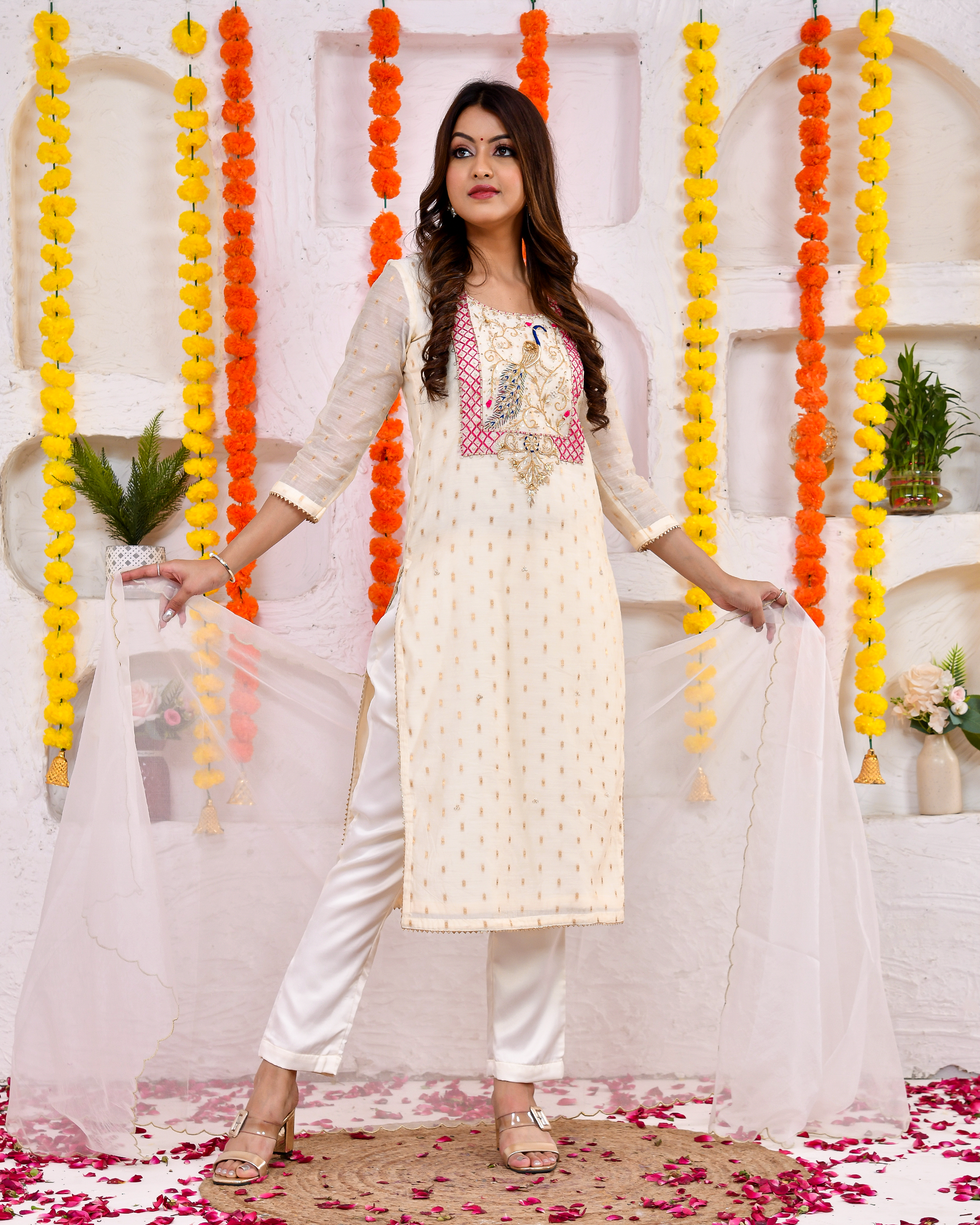 Pearl Gold Chanderi Suit Set With Duppta
