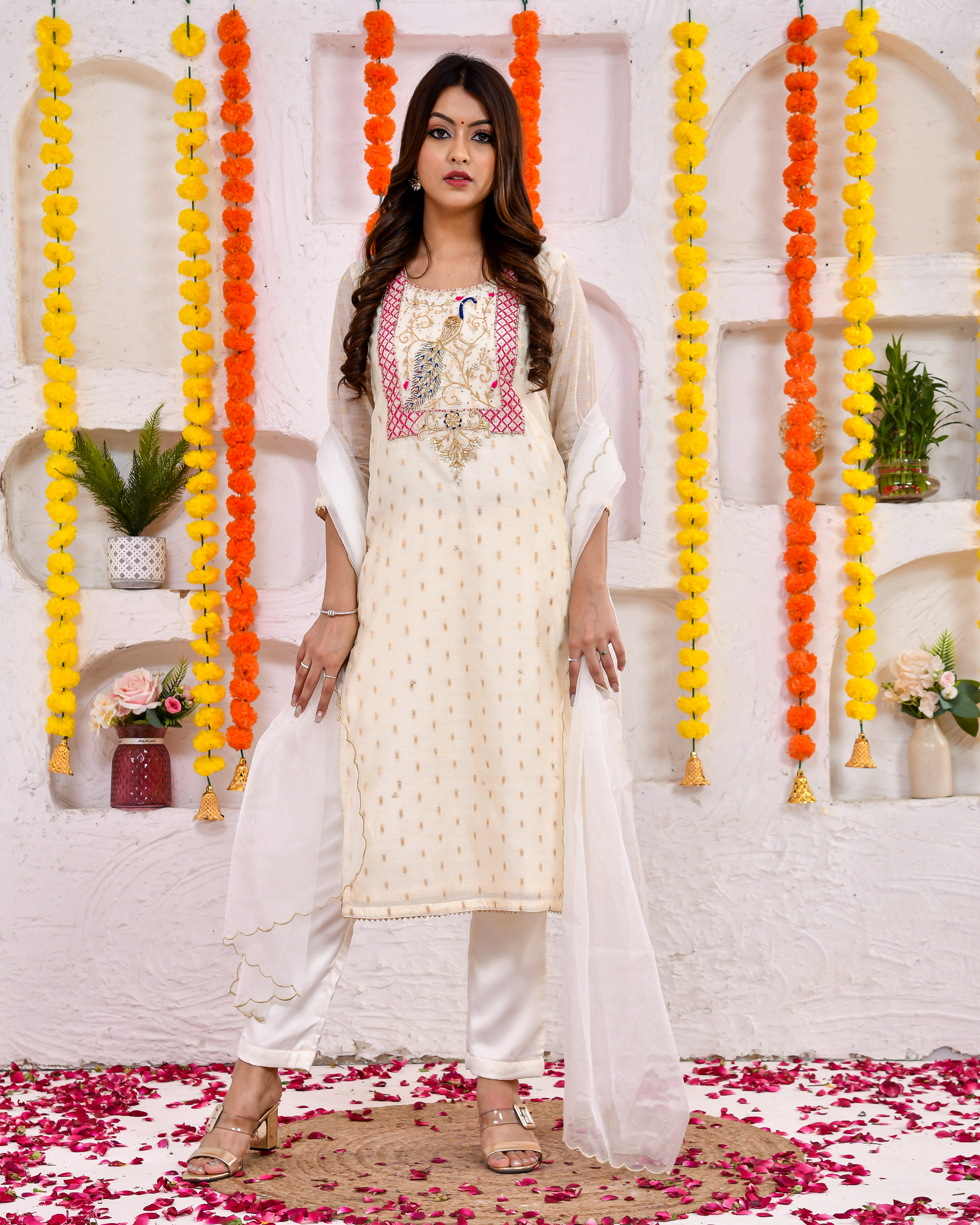 Pearl Gold Chanderi Suit Set With Duppta