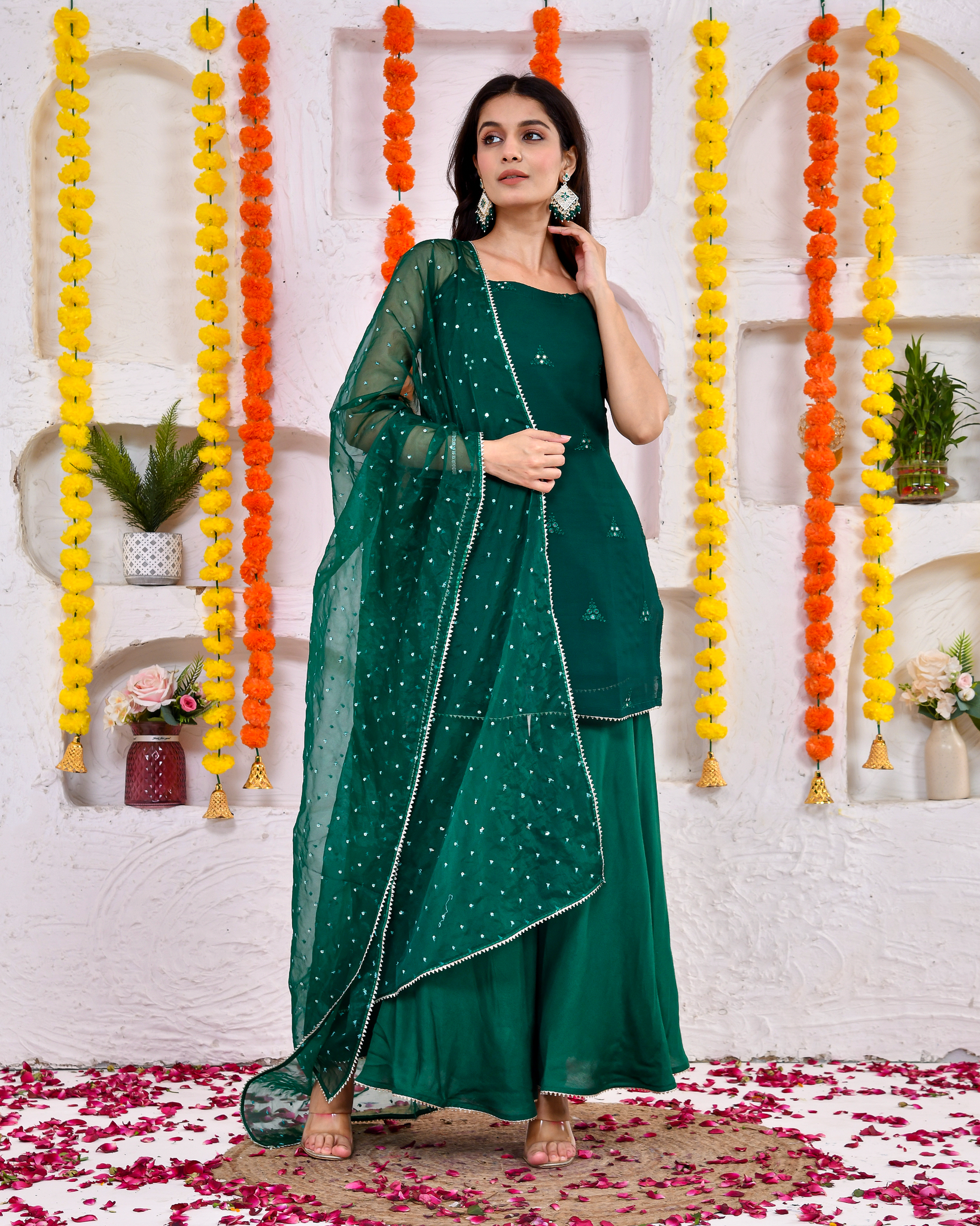 Green Mirror Sleeveless Sharara Dresence - Buy Best Quality Designer Suit Sets Online Green Mirror Sleeveless Sharara Dresence - Buy Best Quality Designer Suit Sets Online