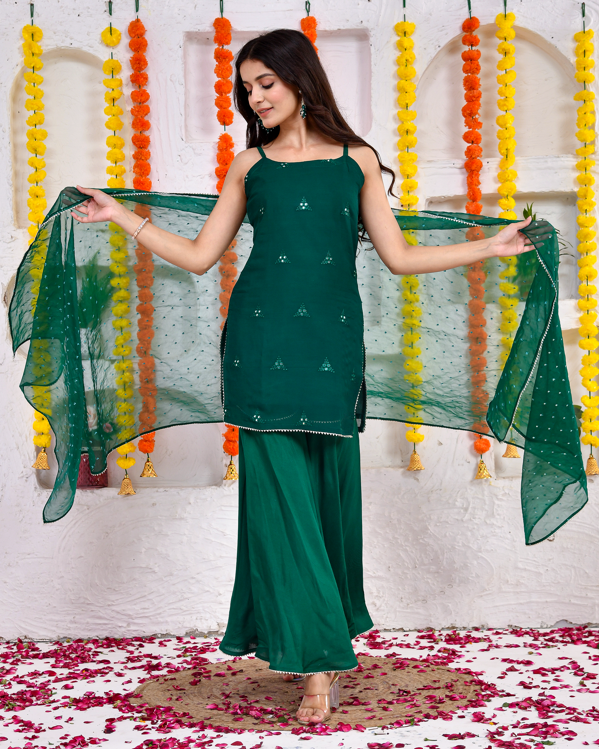 Green Mirror Sleeveless Sharara Dresence - Buy Best Quality Designer Suit Sets Online Green Mirror Sleeveless Sharara Dresence - Buy Best Quality Designer Suit Sets Online