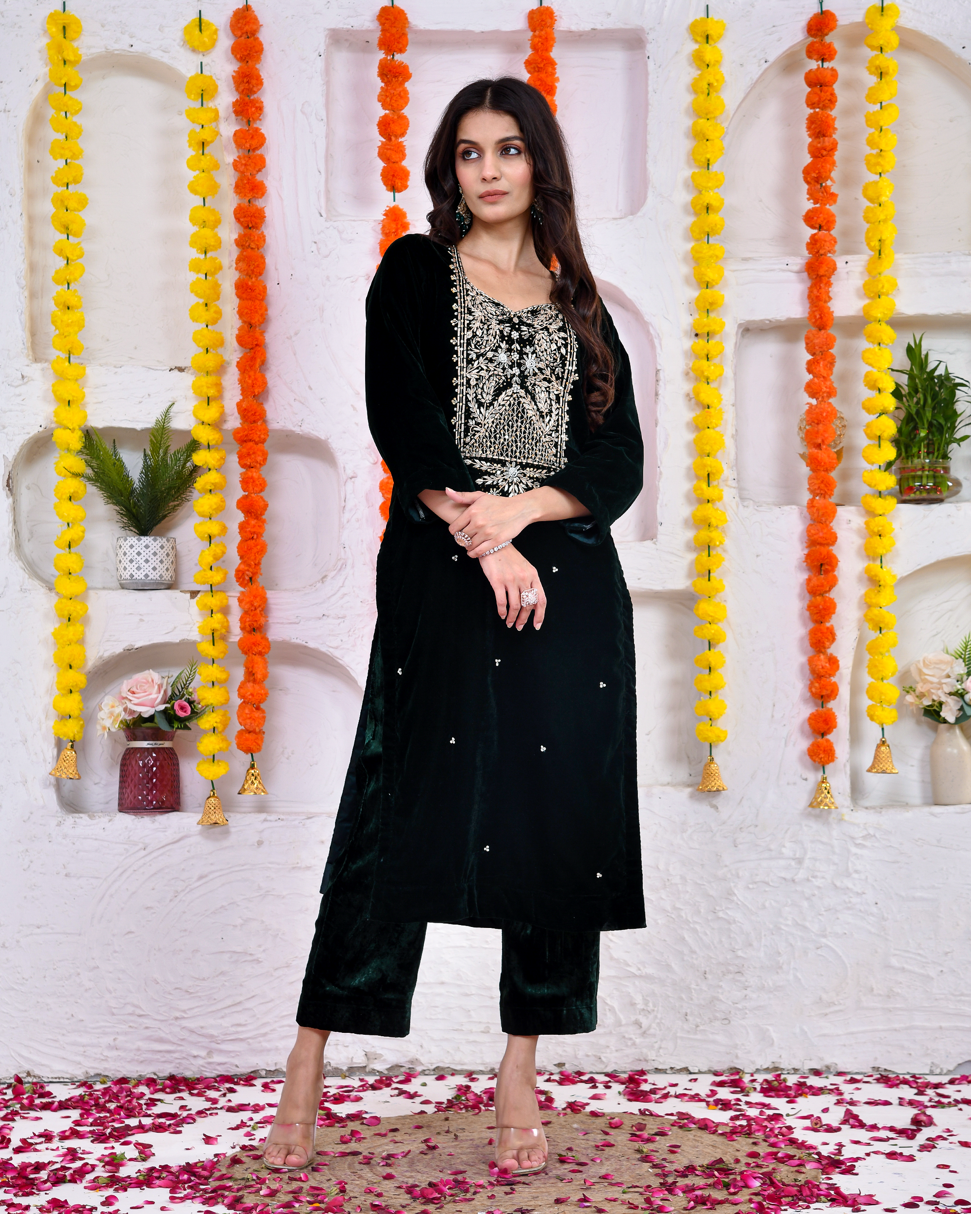Bottle green Velvel Kurta and Palazoo