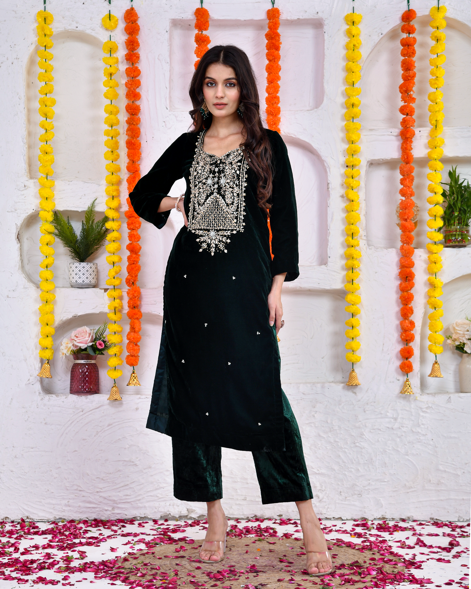 Bottle green Velvel Kurta and Palazoo