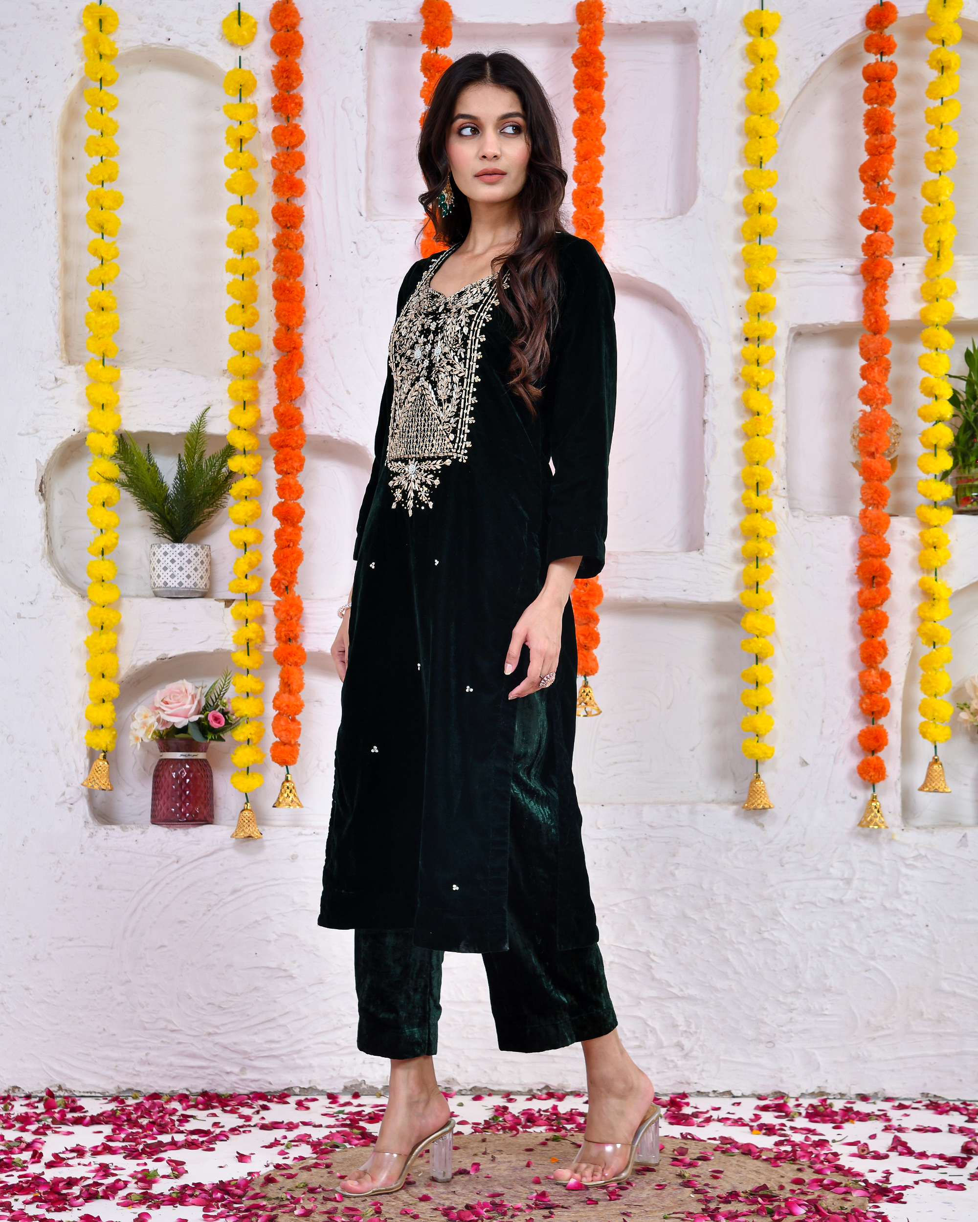 Bottle green Velvel Kurta and Palazoo