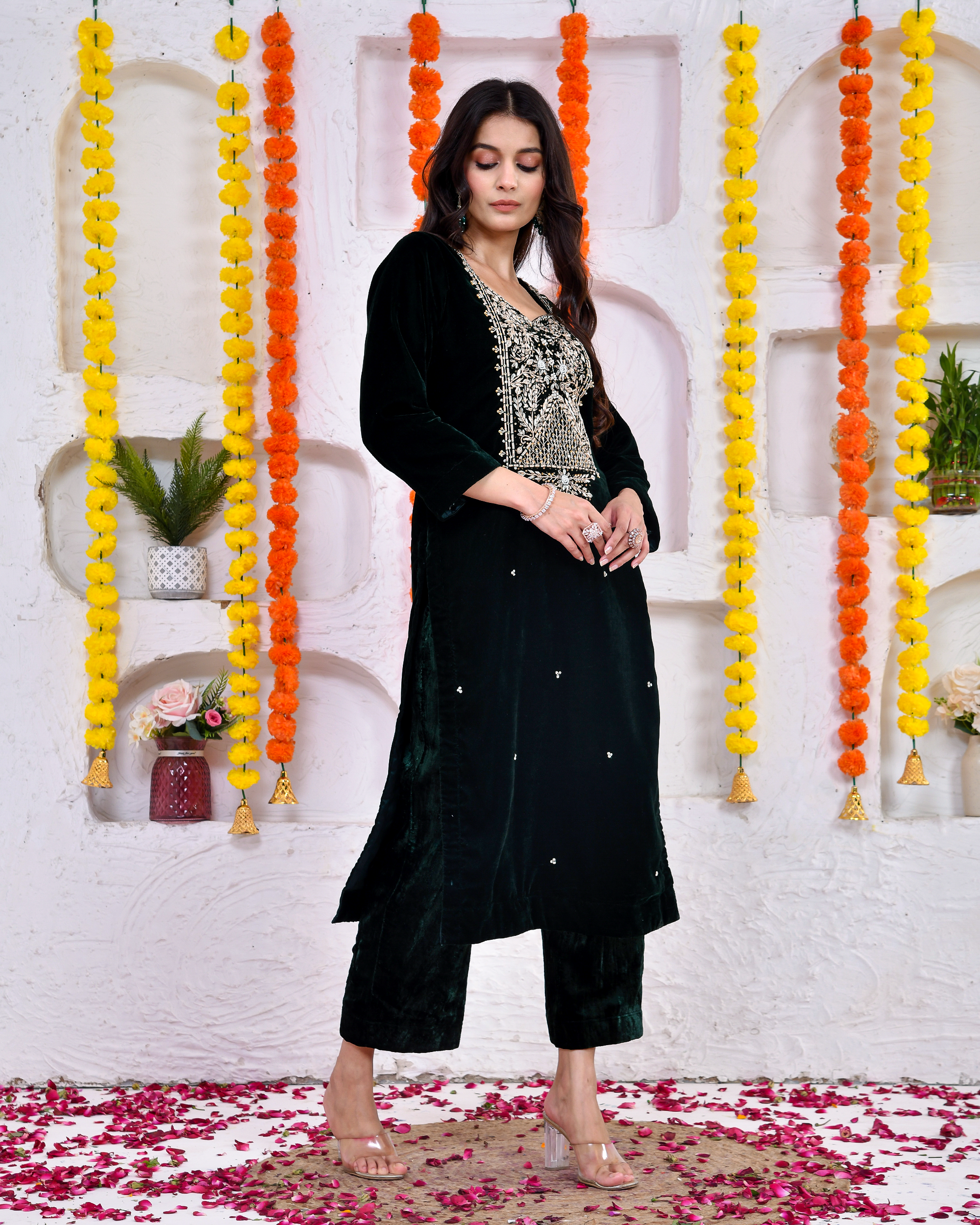 Bottle green Velvel Kurta and Palazoo