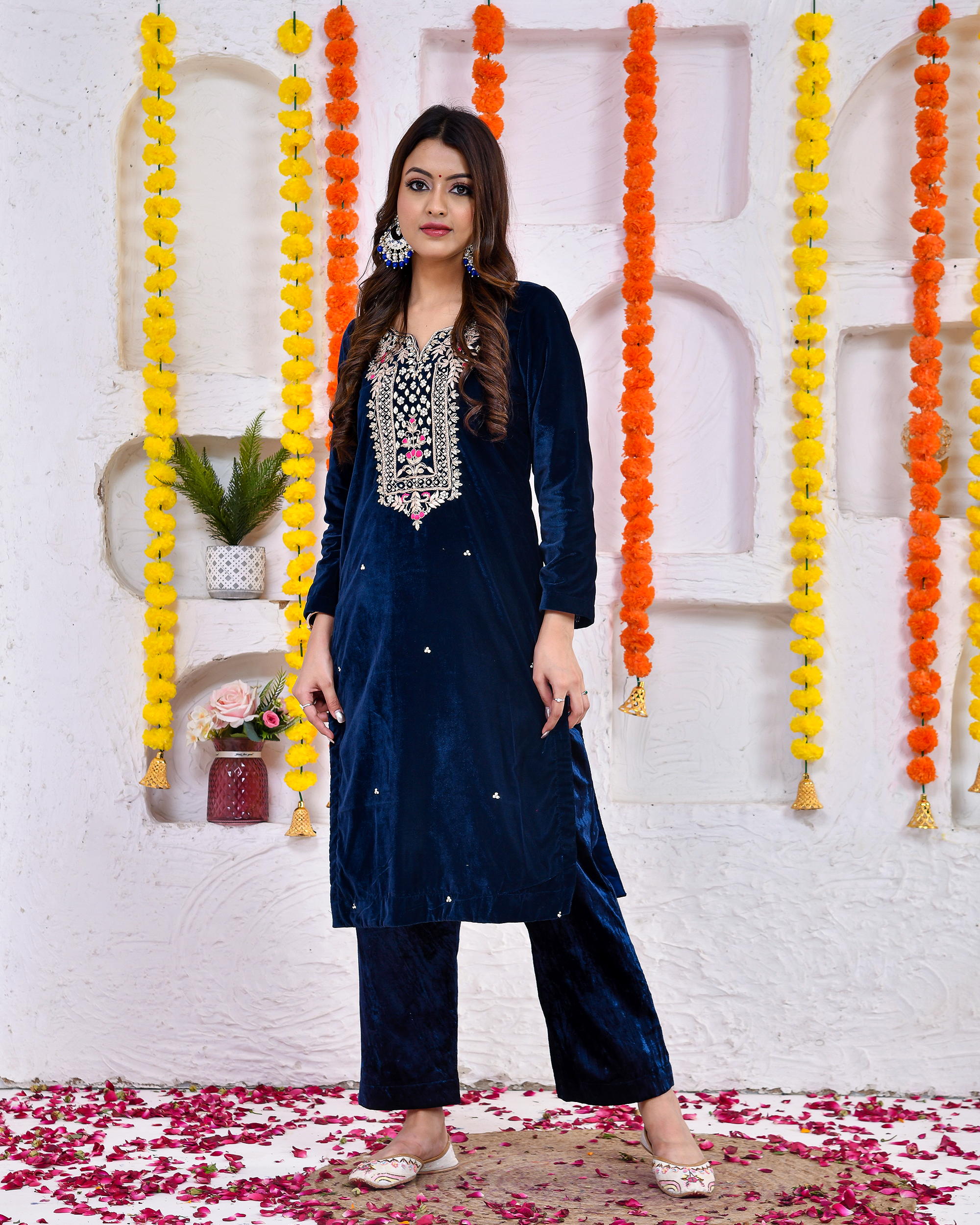 Crystal Blue Velvet Kurta And Palazoo