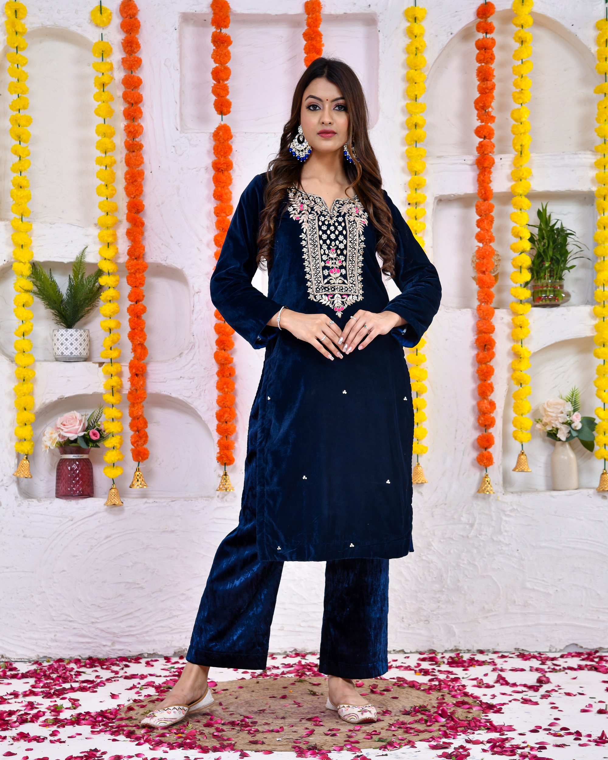 Crystal Blue Velvet Kurta And Palazoo