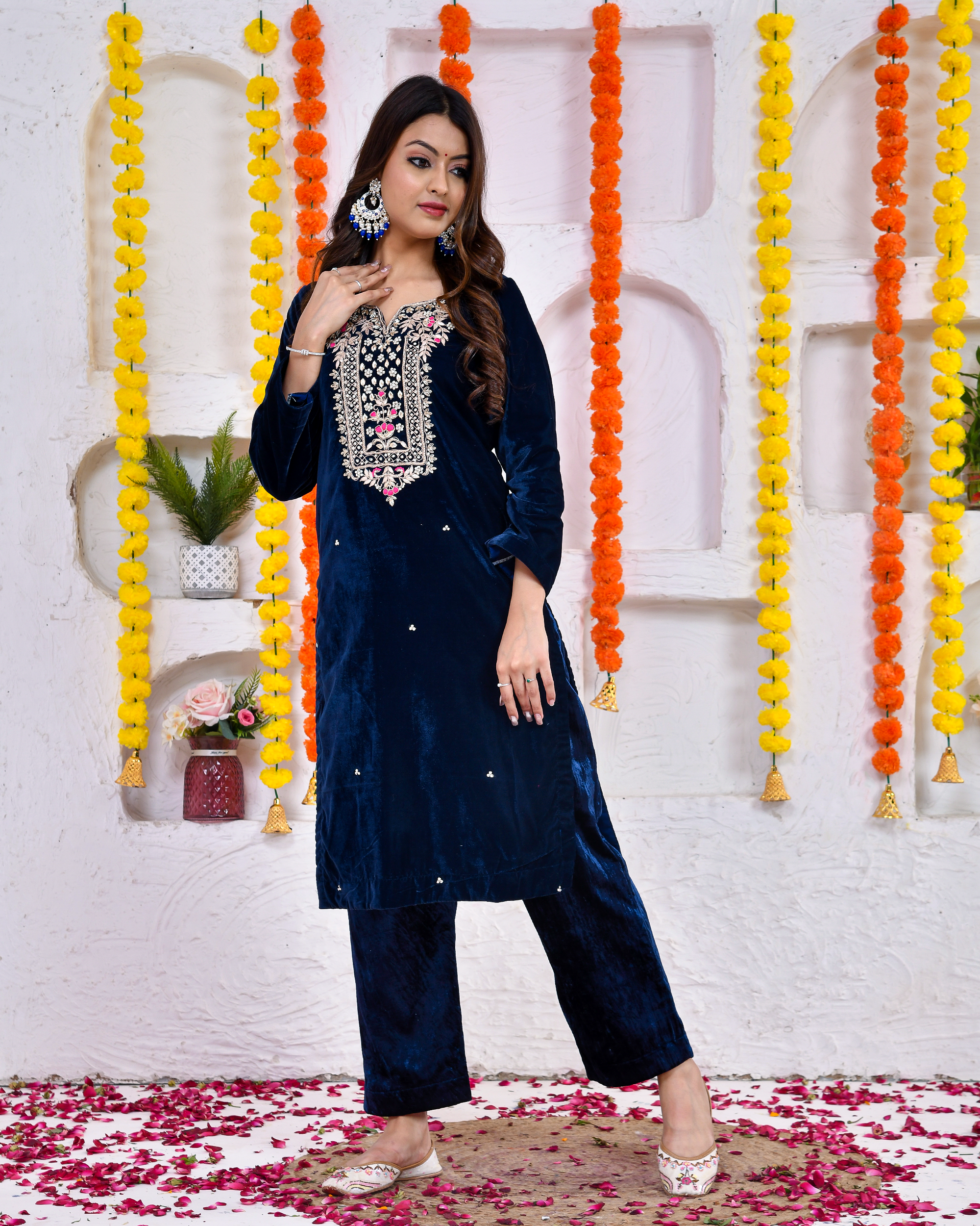 Crystal Blue Velvet Kurta And Palazoo