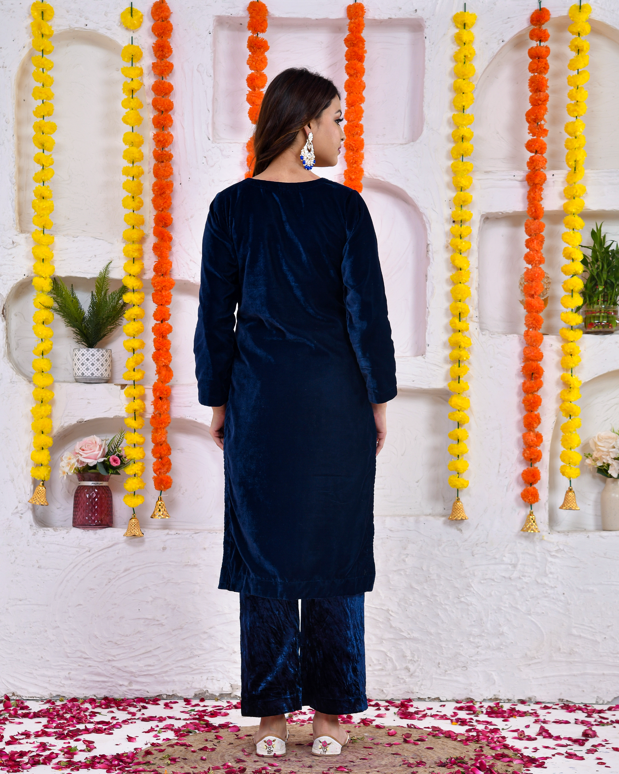 Crystal Blue Velvet Kurta And Palazoo