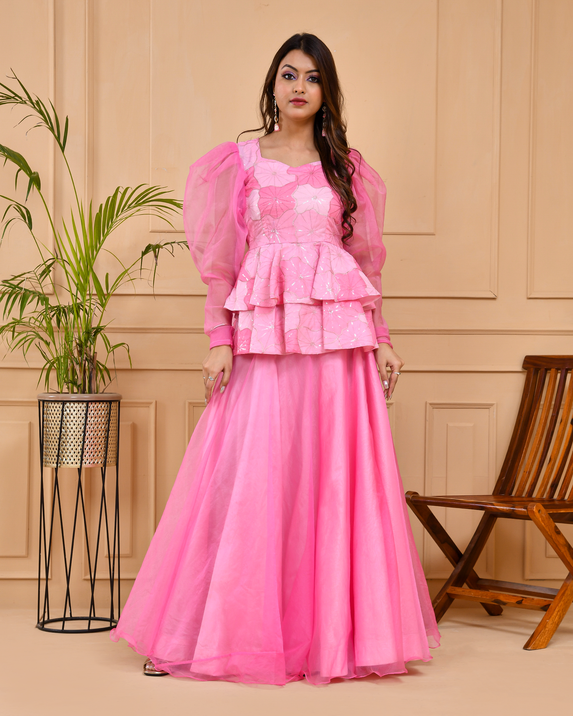 Flamingo Pink Peplum Top And Skirt - Main Image