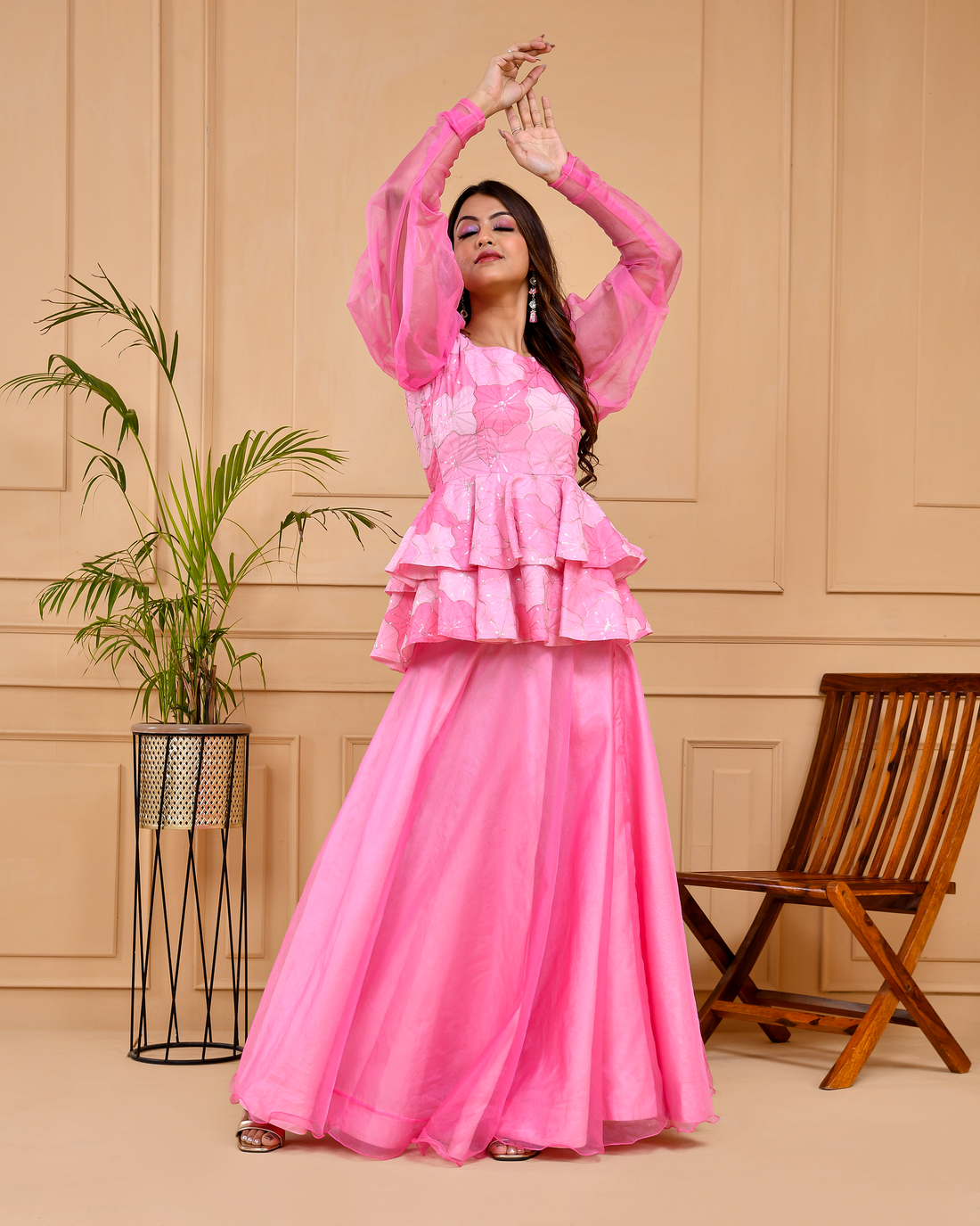 Flamingo Pink Peplum Top And Skirt