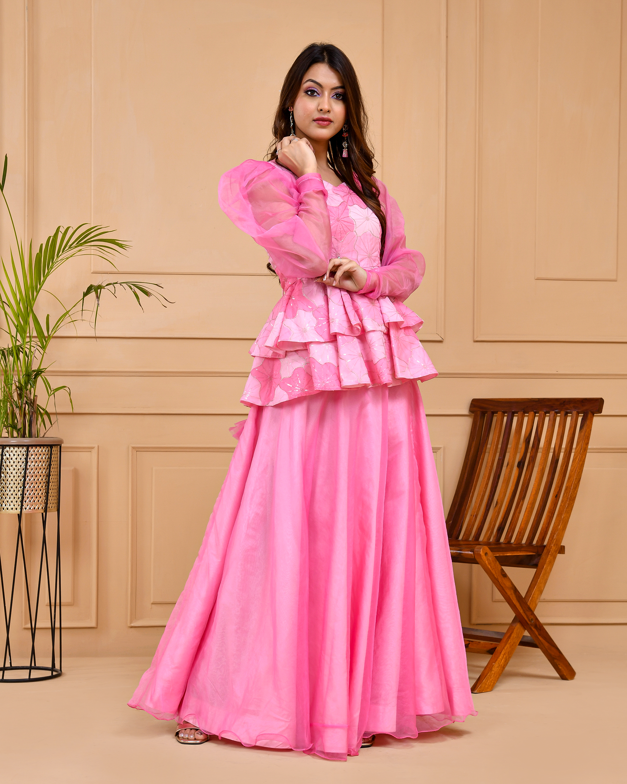 Flamingo Pink Peplum Top And Skirt