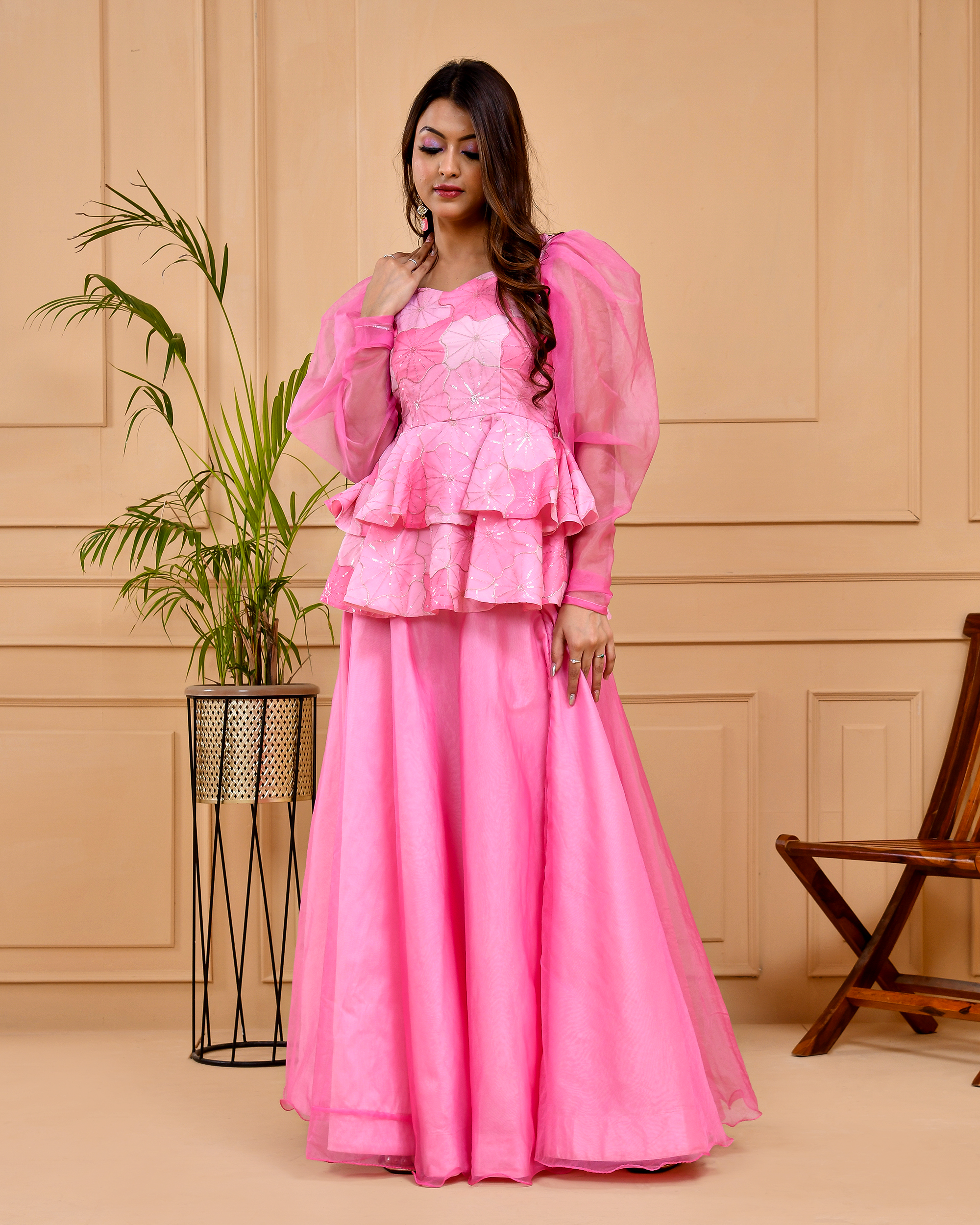 Flamingo Pink Peplum Top And Skirt