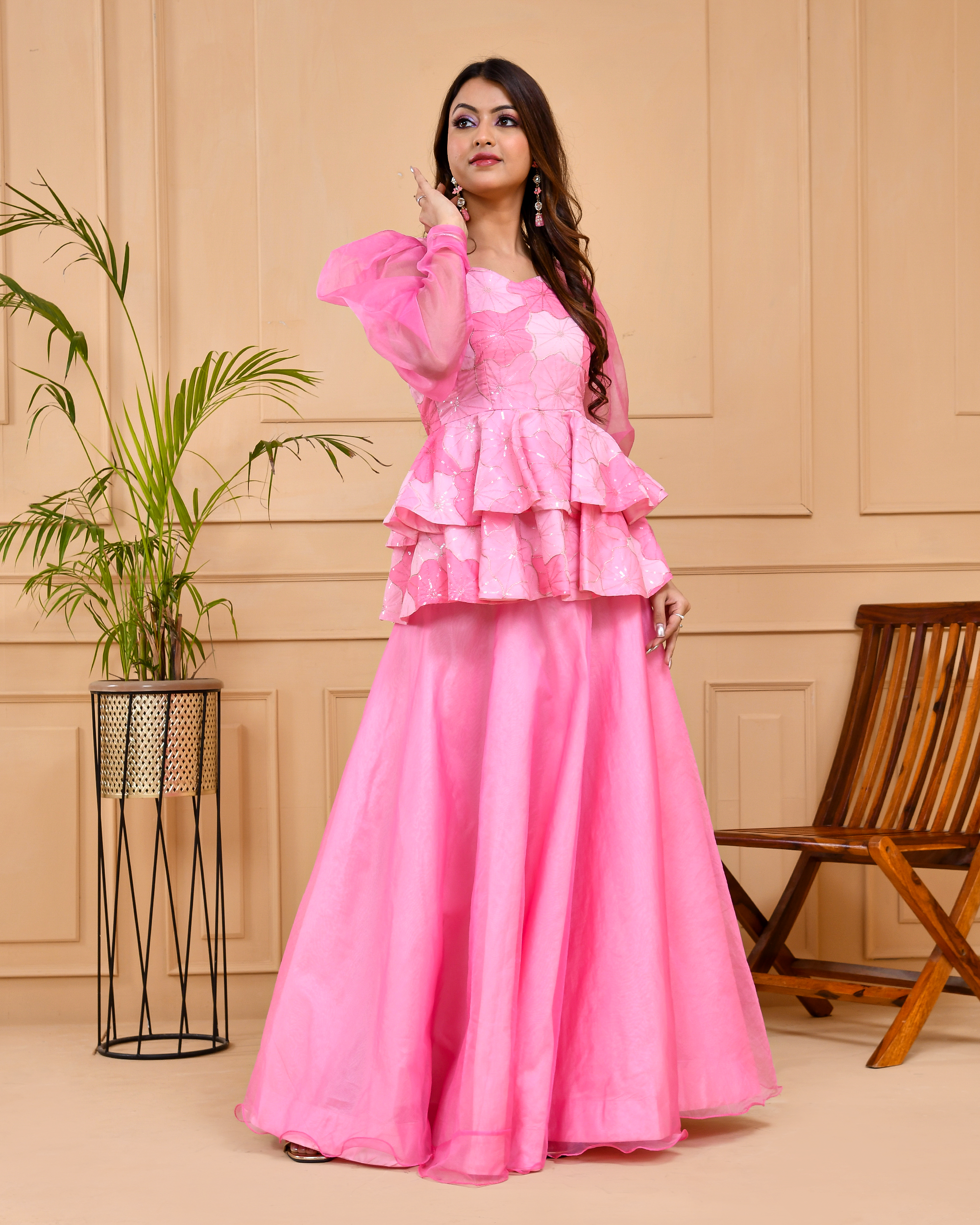 Flamingo Pink Peplum Top And Skirt