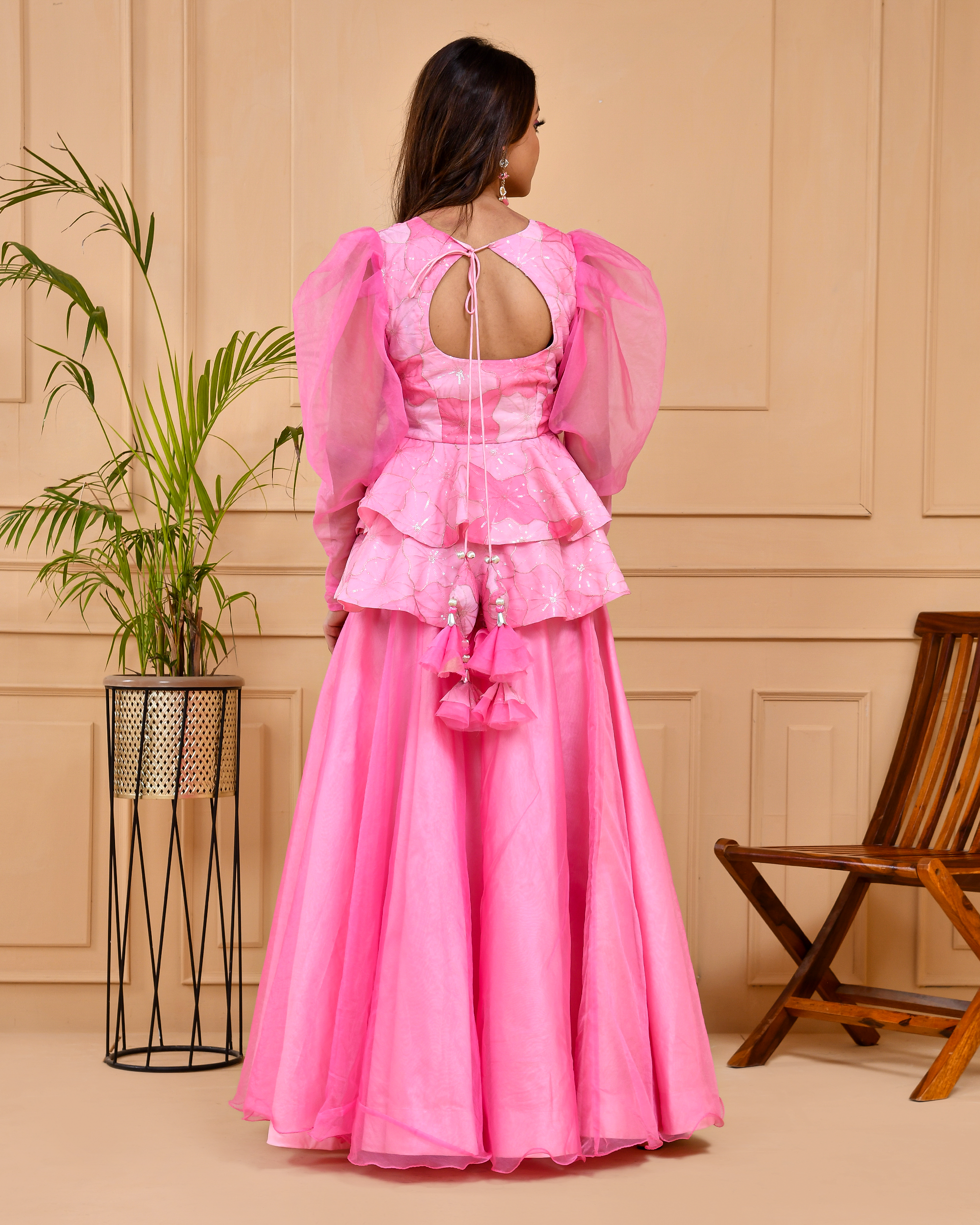 Flamingo Pink Peplum Top And Skirt