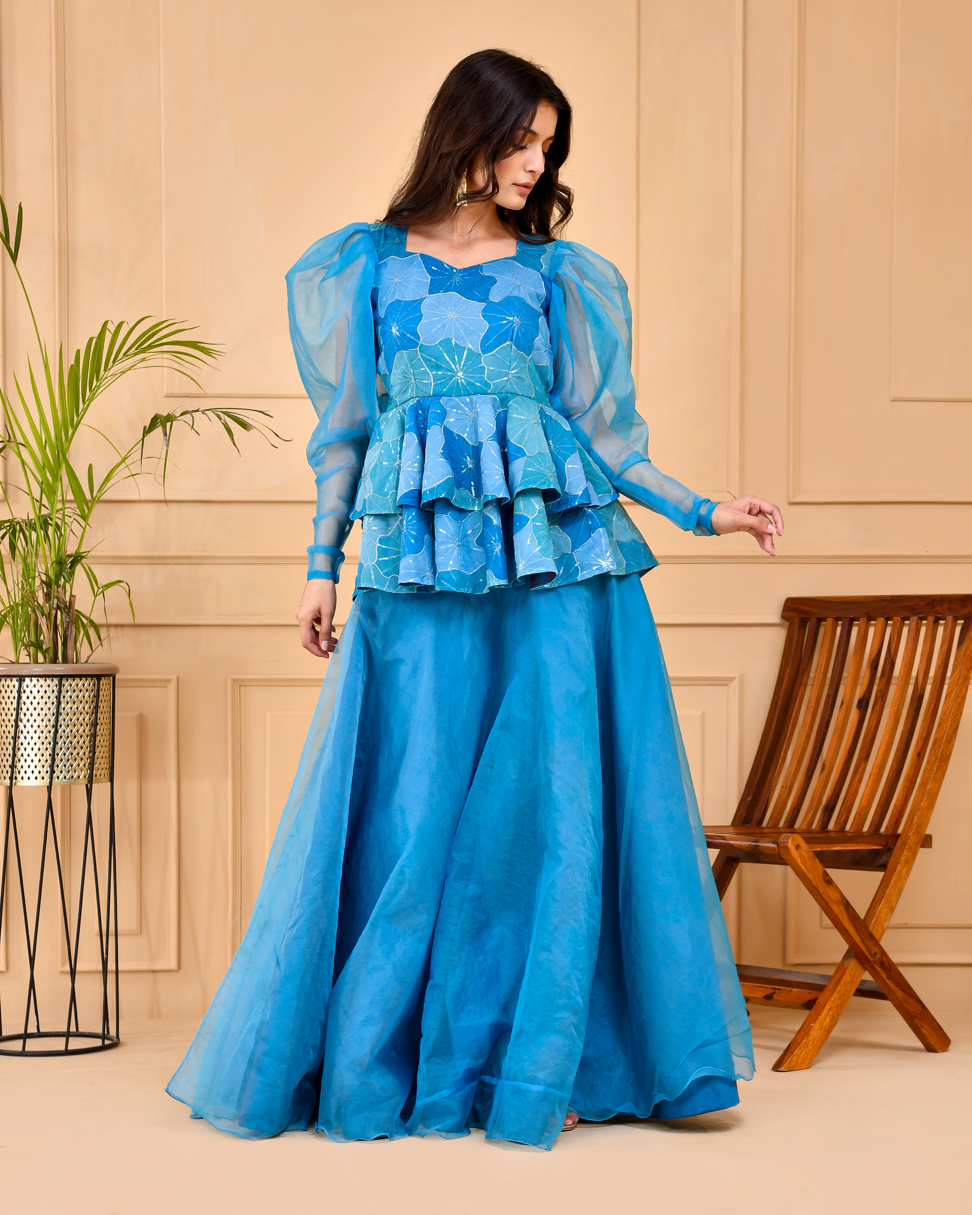 Baby blue peplum Top and Skirt