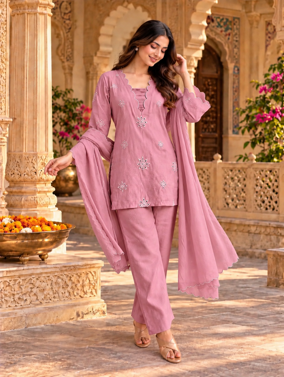 Rose Pink Scallop Embroidered Kurta Pant