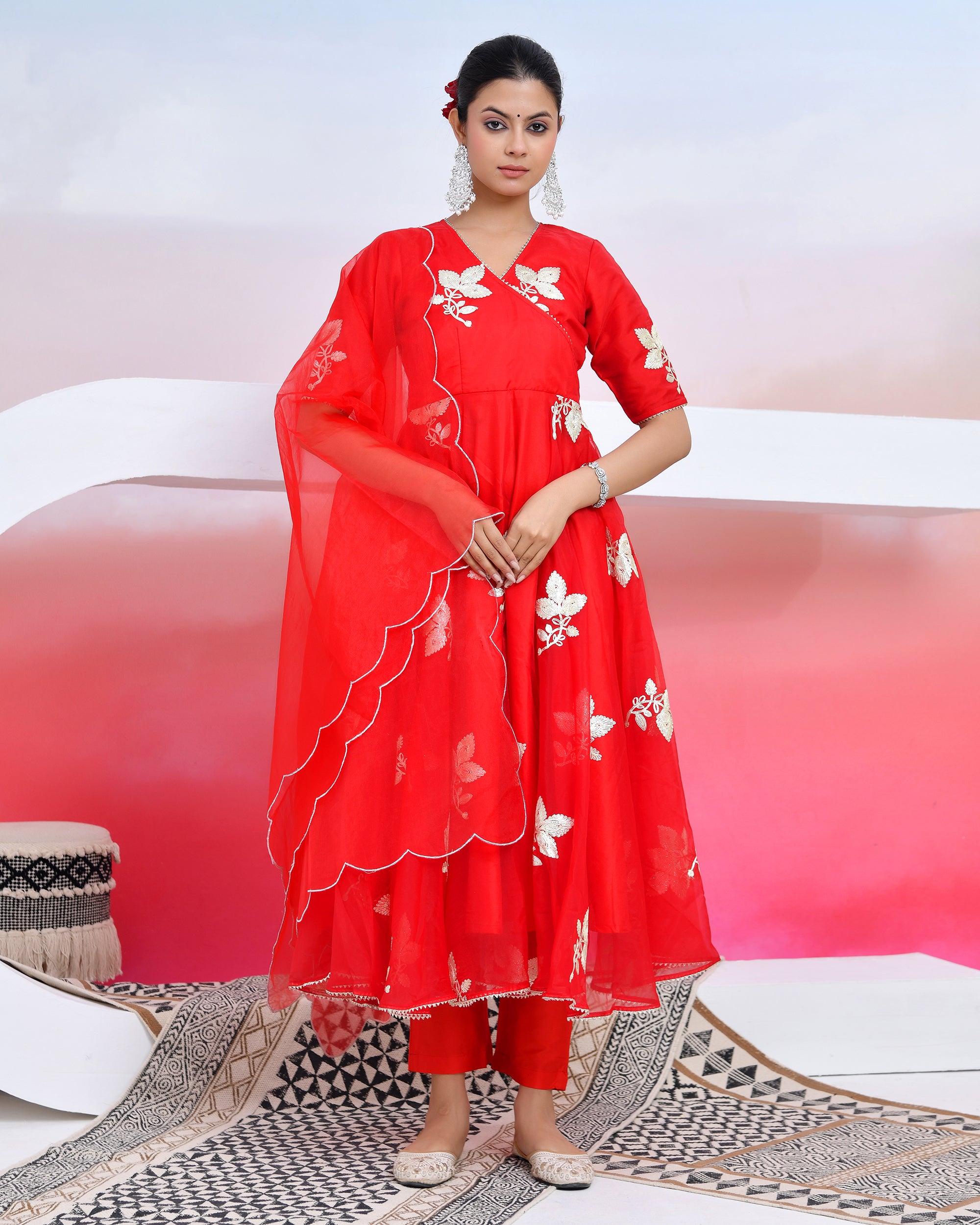 Red Gota Organza Suit Set