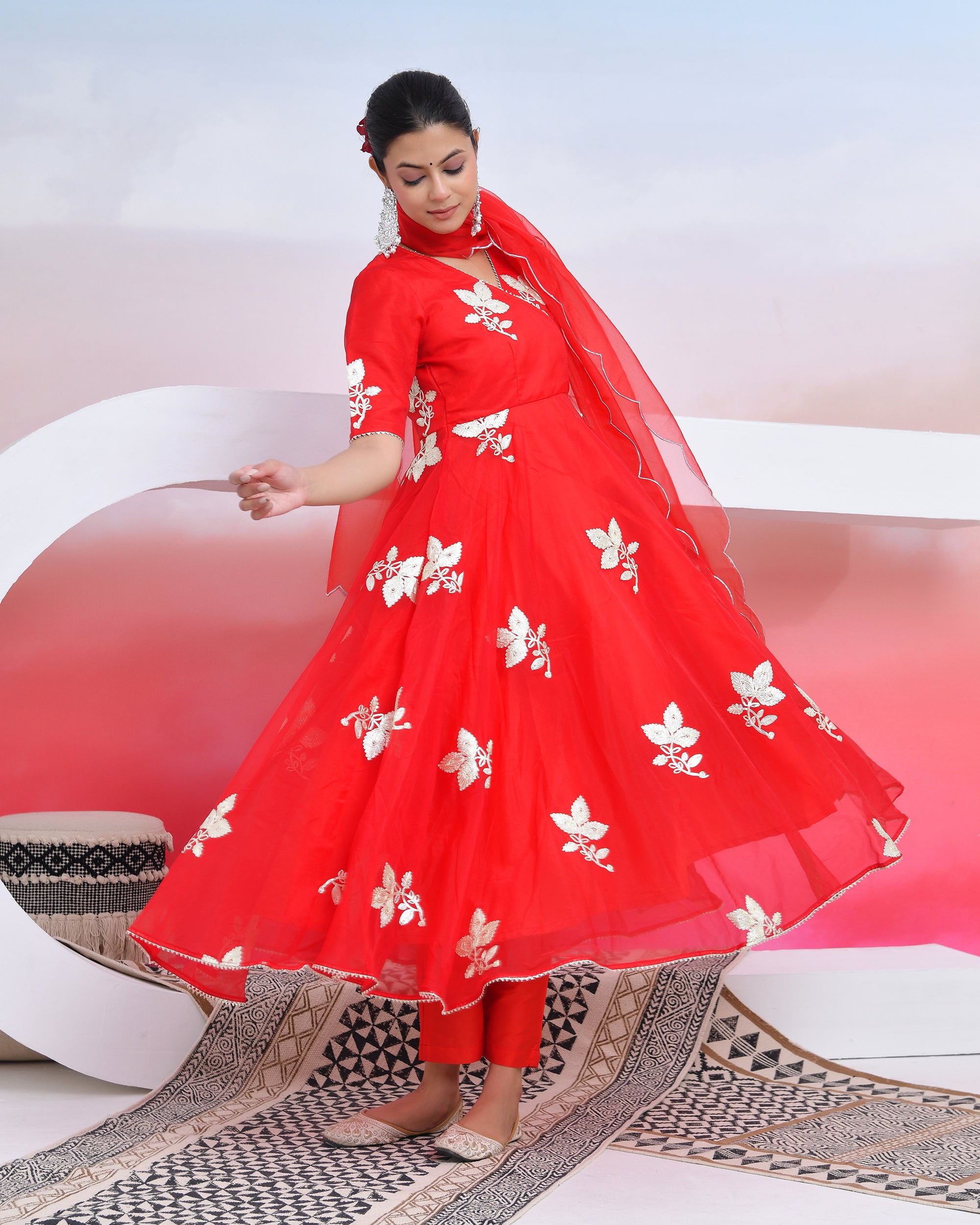 Red Gota Organza Suit Set