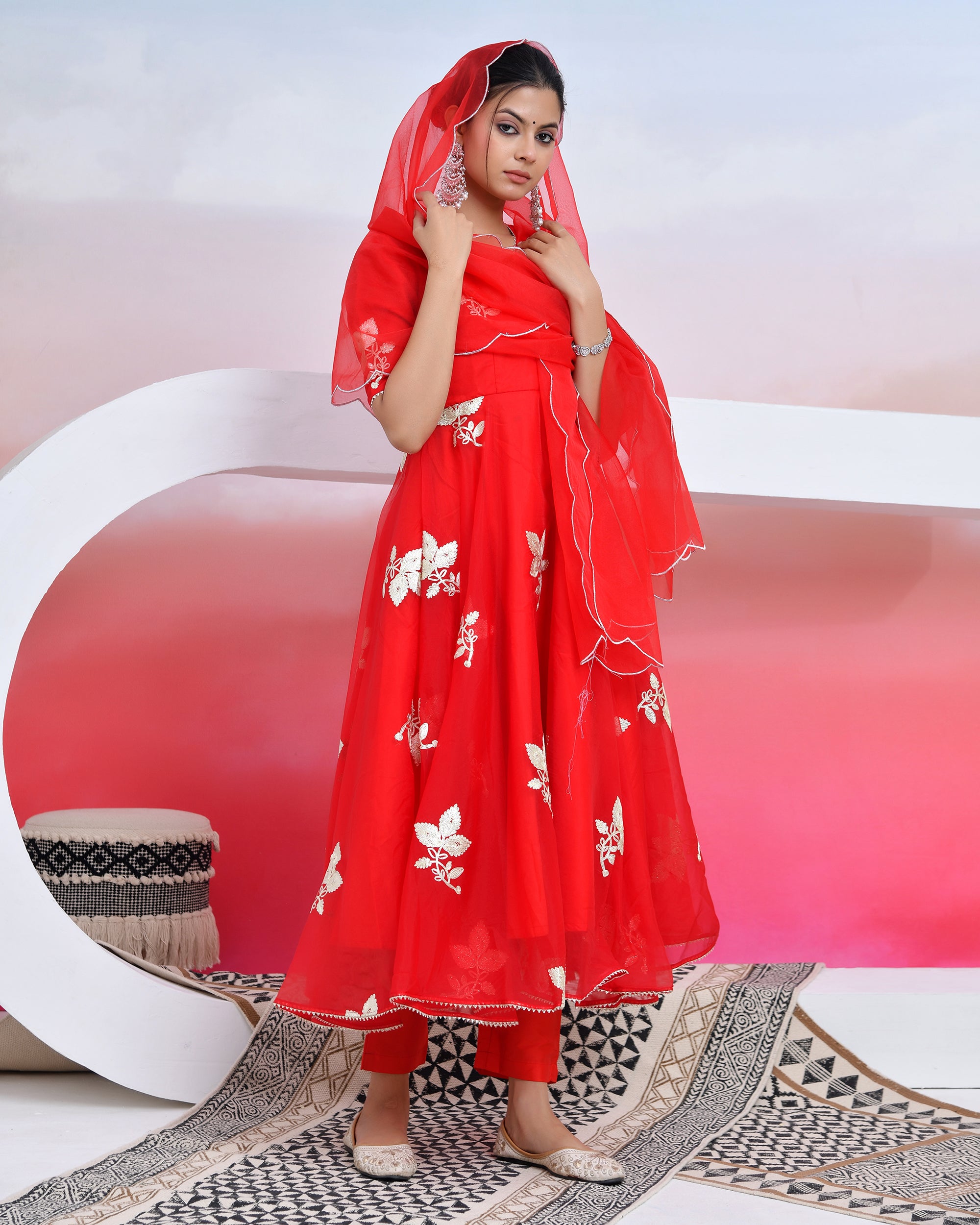 Red Gota Organza Suit Set
