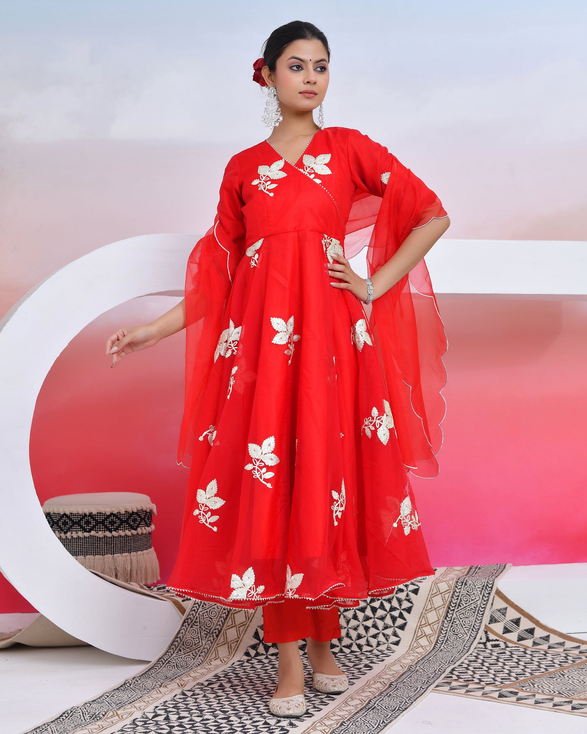 Red Gota Organza Suit Set